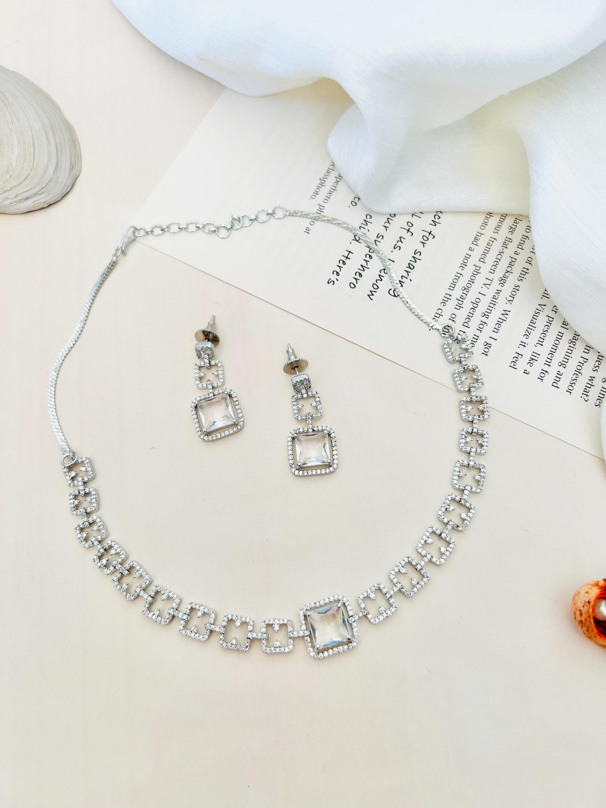Silver Plated American Diamond Necklace Set featuring square-cut stones with matching earrings
