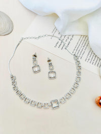 Thumbnail for Silver Plated American Diamond Necklace Set featuring square-cut stones with matching earrings