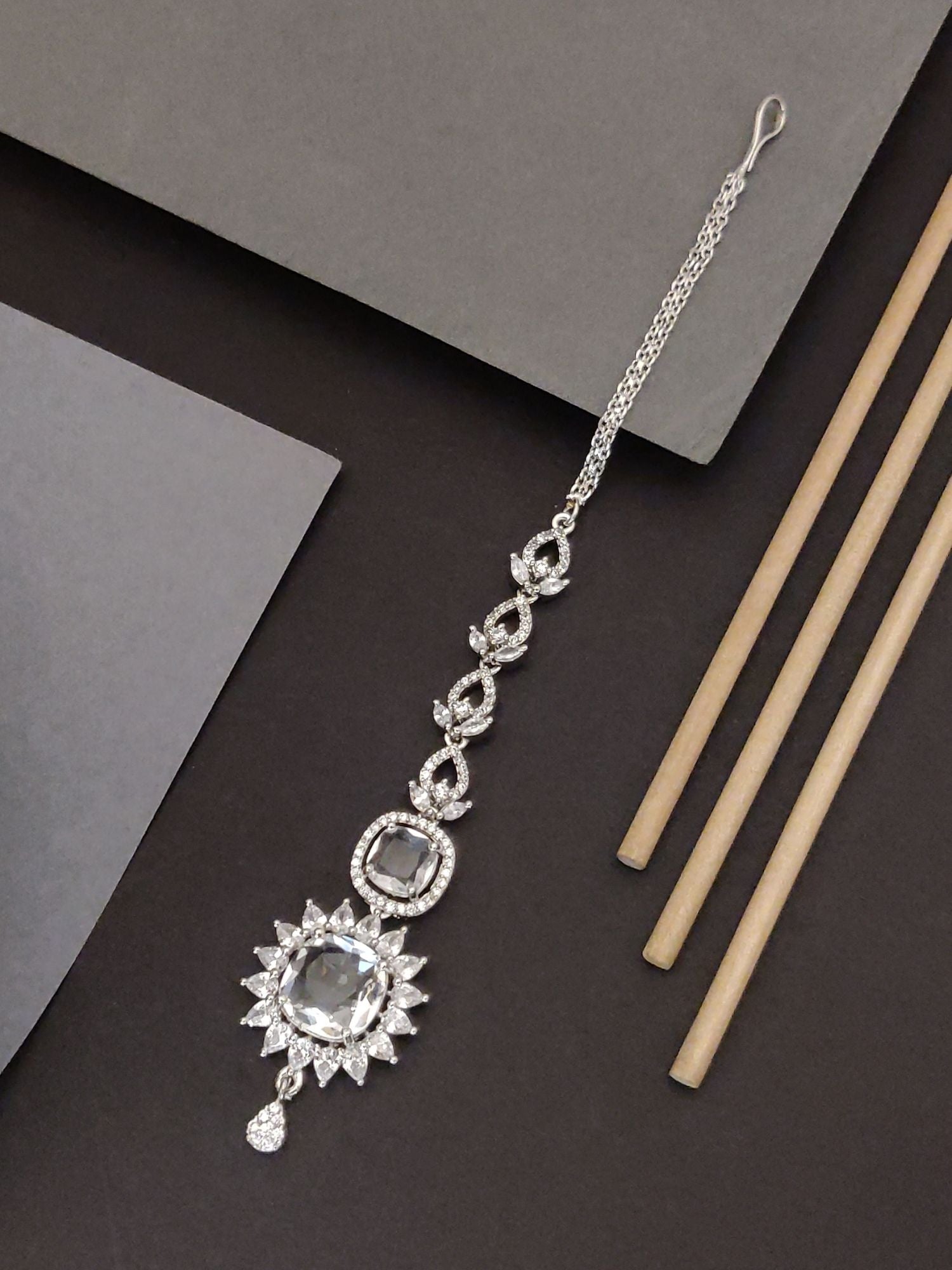 Silver Plated American Diamond Round MaangTikka with intricate design and elegant chain