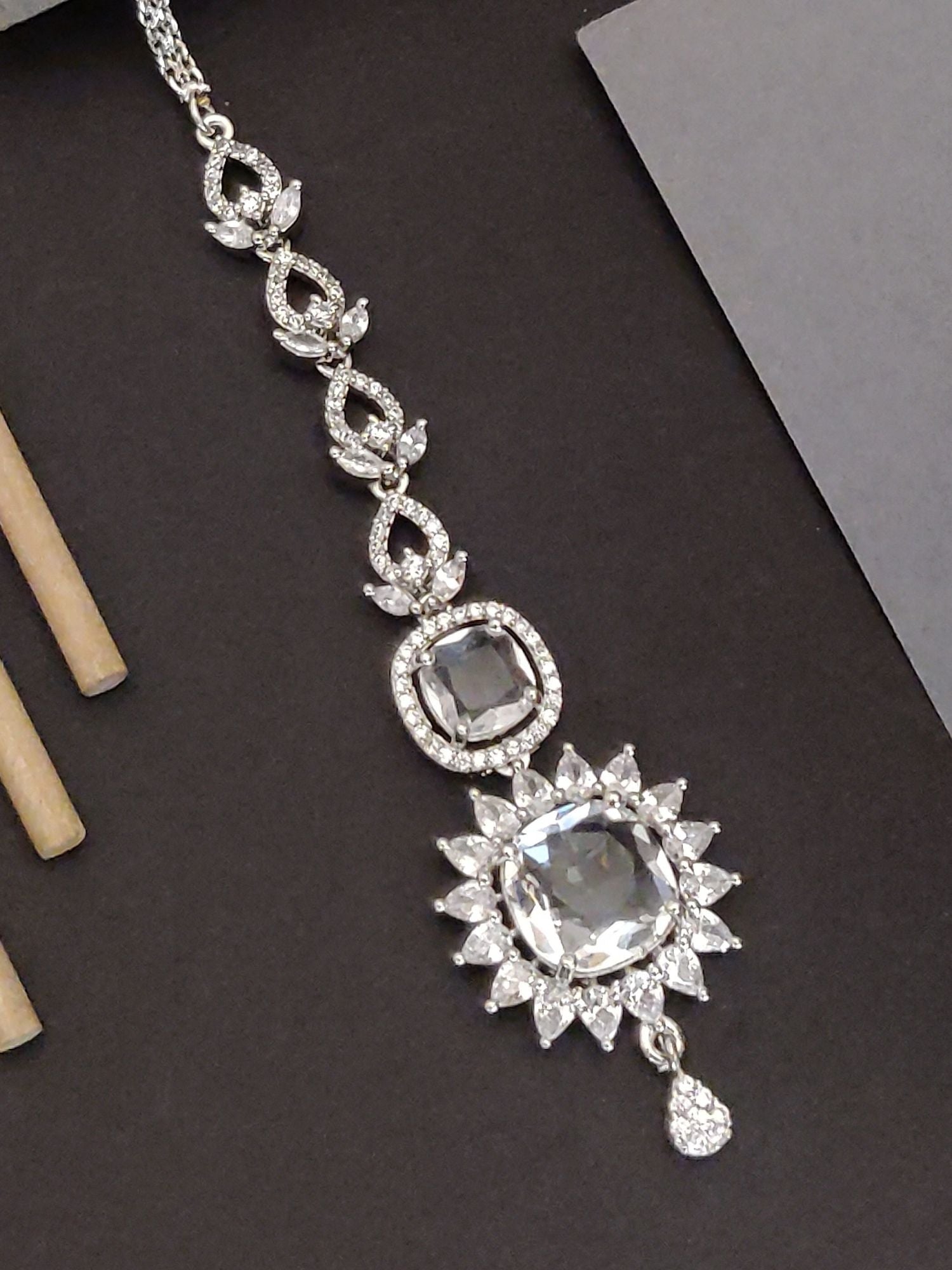 Silver Plated American Diamond Round MaangTikka with intricate design and sparkling embellishments