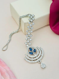 Thumbnail for Silver Plated American Diamond Wedding Maangtikka with blue stone accents and intricate design by Abdesignsjewellery