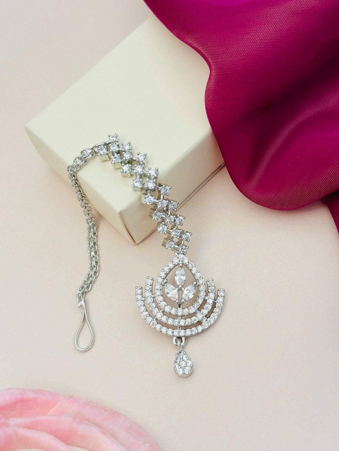 Elegant Silver Plated American Diamond Wedding Maangtikka with intricate design by Abdesignsjewellery