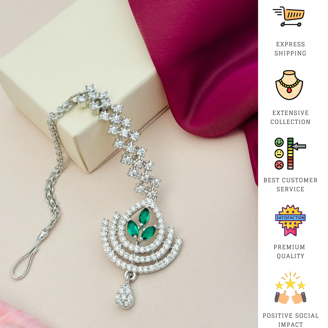 Silver Plated American Diamond Wedding Maangtikka worn on forehead with green stone and intricate design