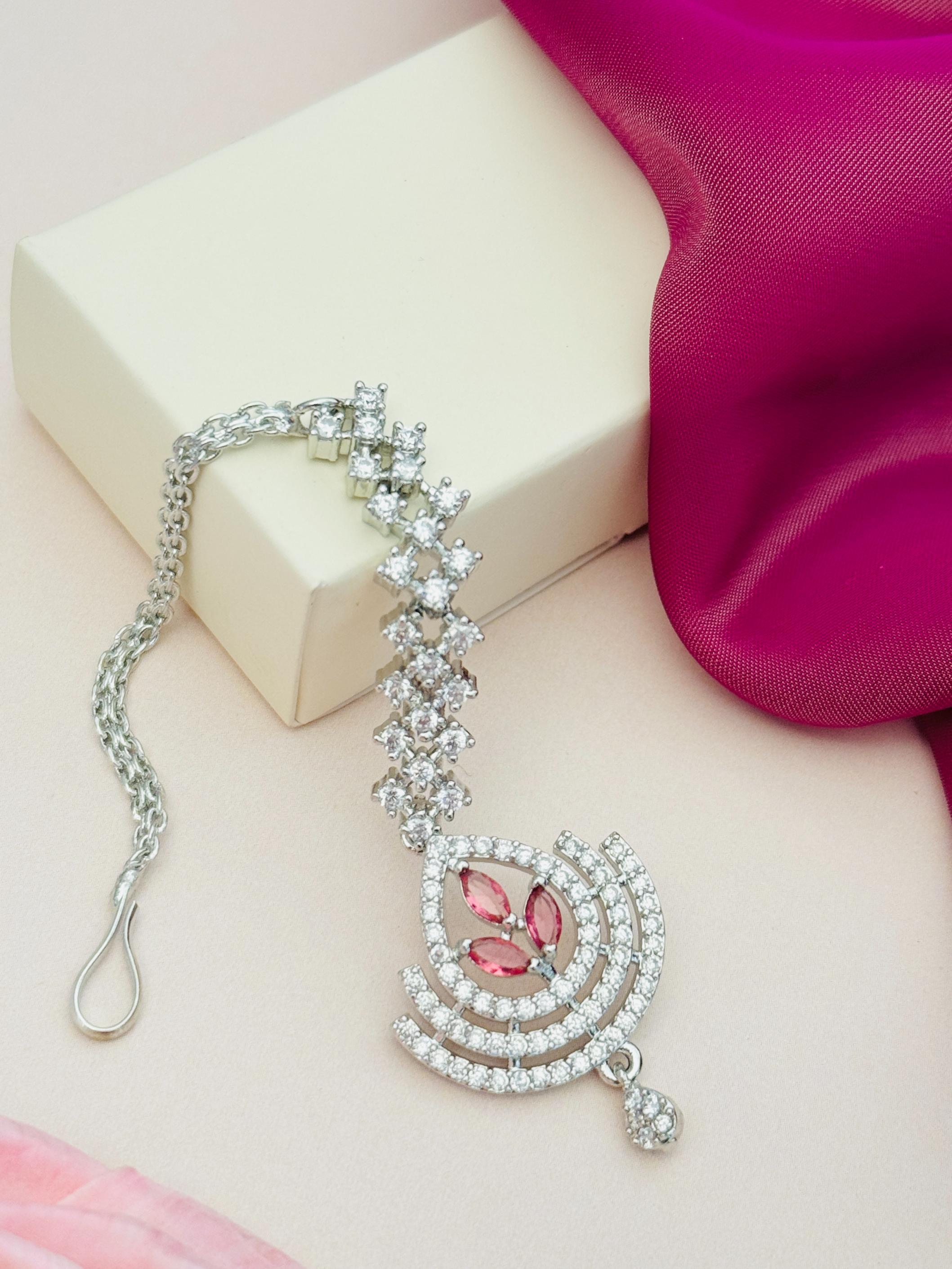 Silver Plated American Diamond Wedding Maangtikka with pink stones and intricate design by Abdesignsjewellery