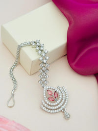 Thumbnail for Silver Plated American Diamond Wedding Maangtikka with pink stones and intricate design by Abdesignsjewellery