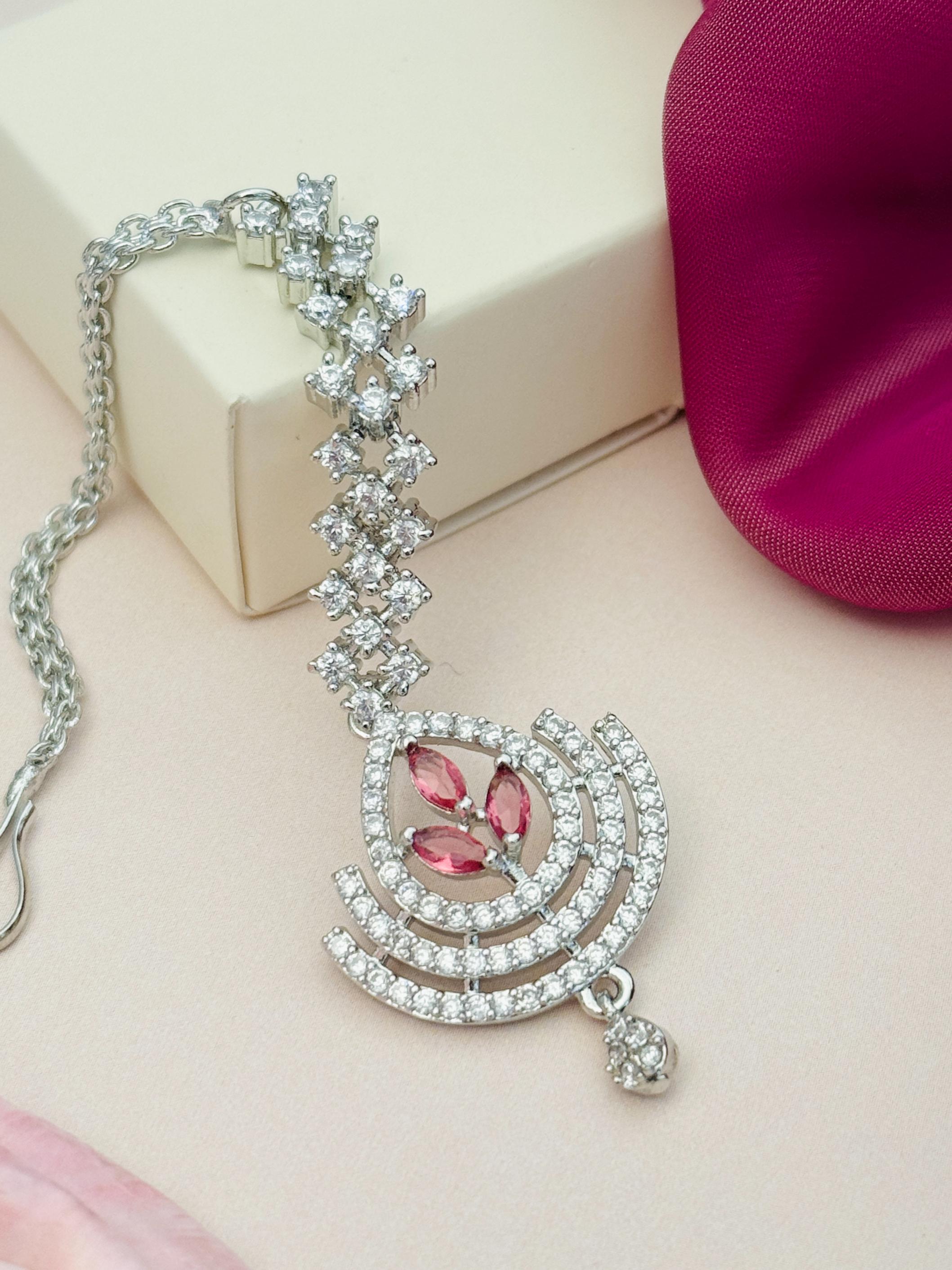 Silver Plated American Diamond Wedding Maangtikka with pink stones and intricat by Abdesignsjewellery