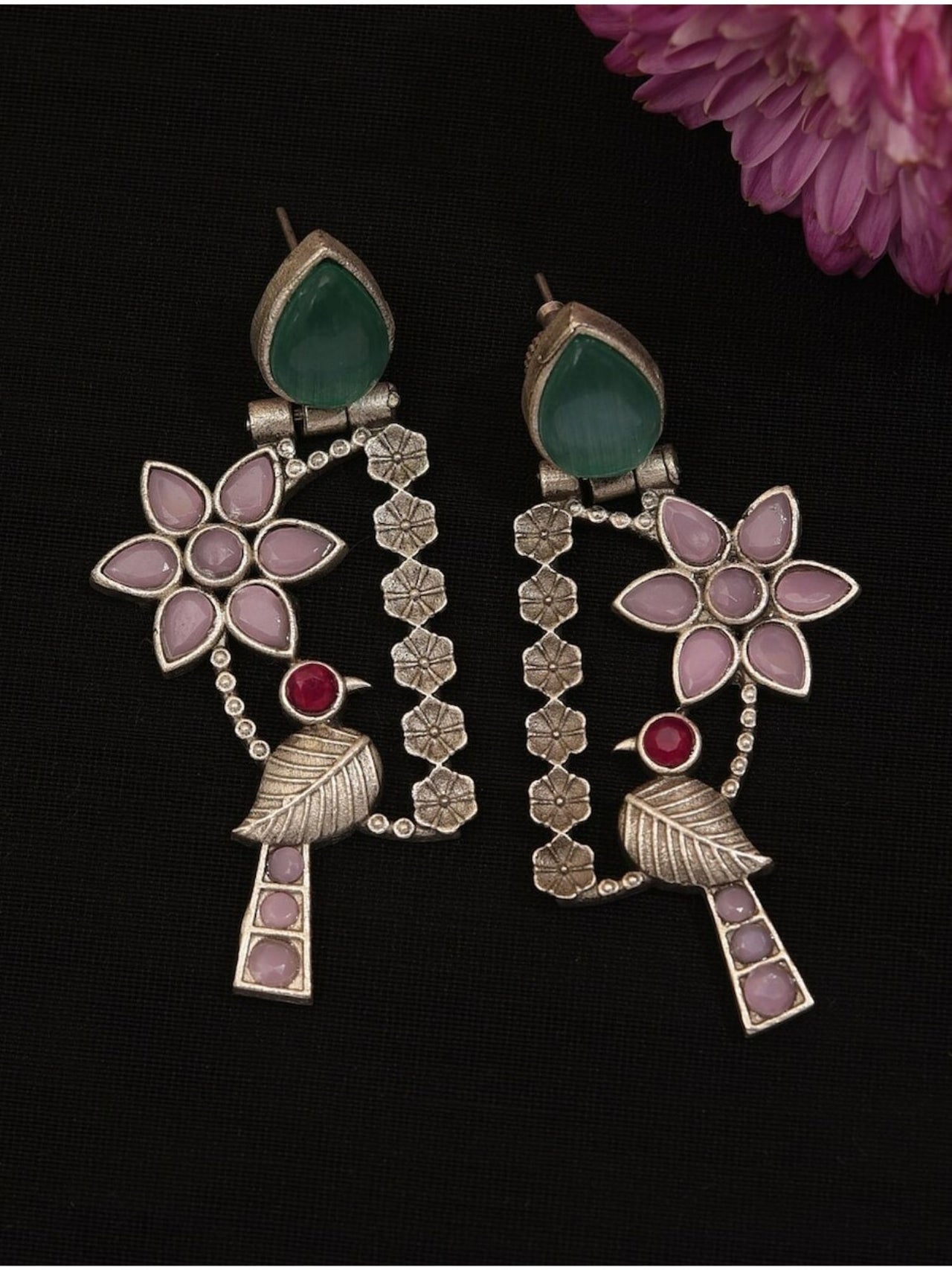 Abdesignsjewellery silver plated bird earrings with pink floral and green stone accents