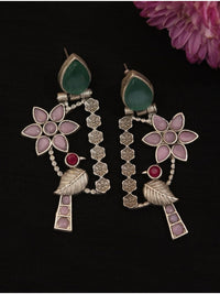 Thumbnail for Abdesignsjewellery silver plated bird earrings with pink floral and green stone accents