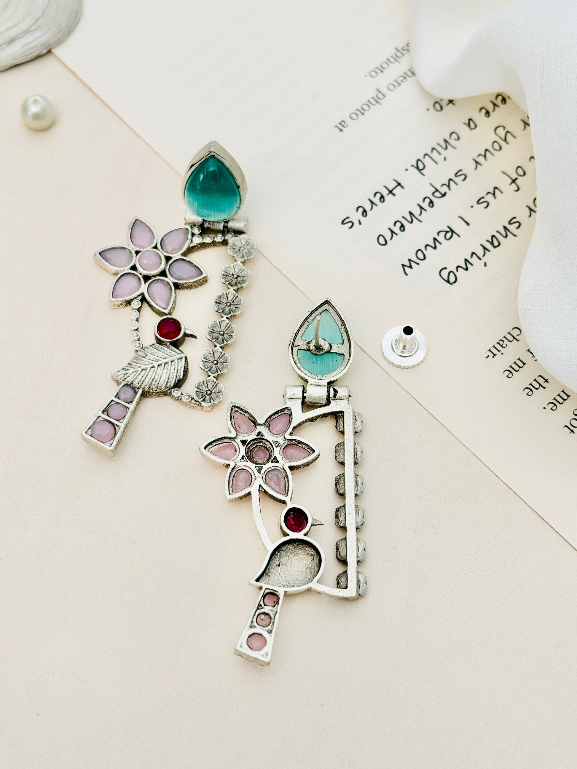 Silver Plated Bird Earrings with colorful floral and gemstone accents by Abdesignsjewellery