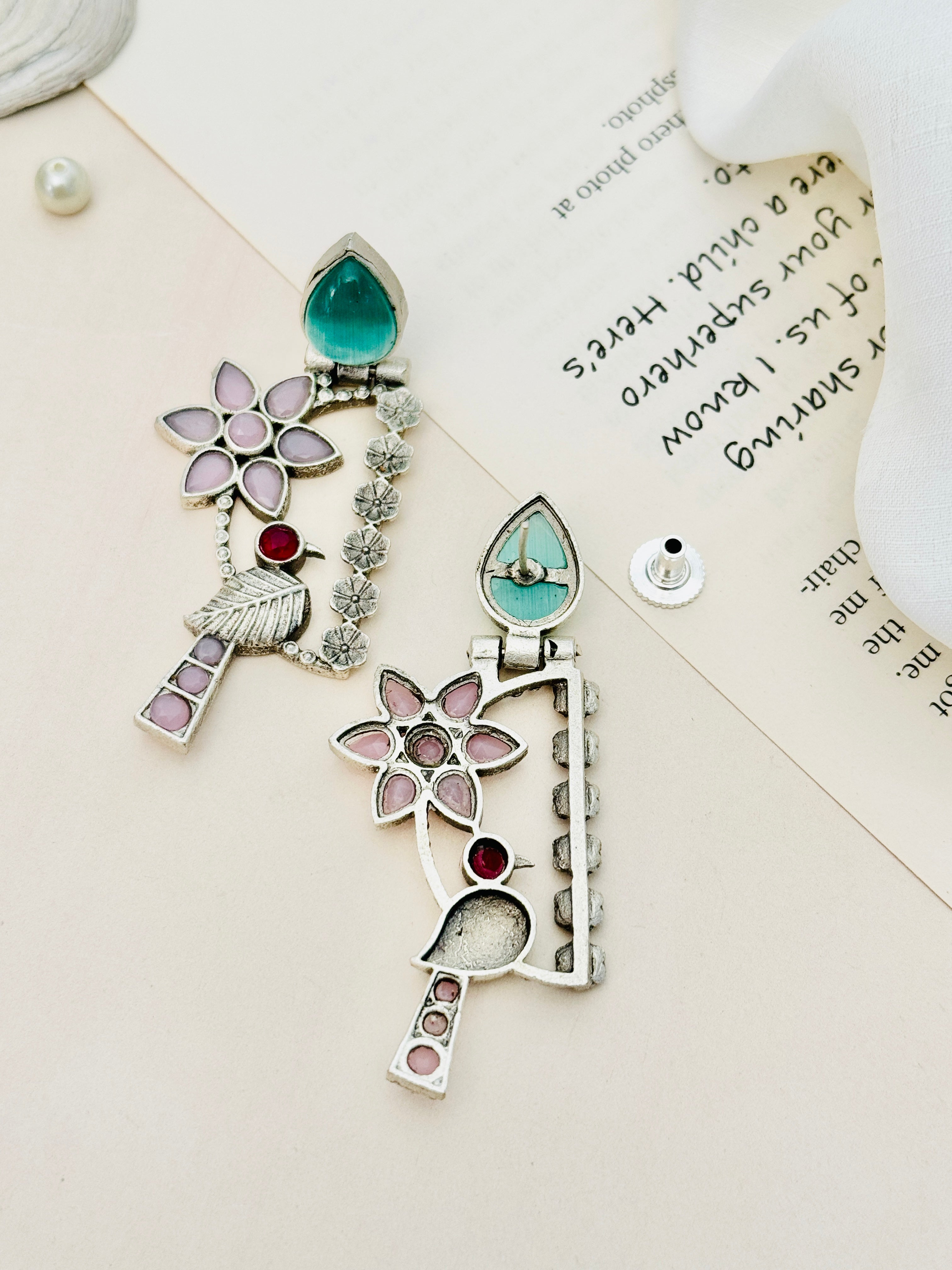 Silver Plated Bird Earrings with colorful floral and gemstone accents by Abdesignsjewellery
