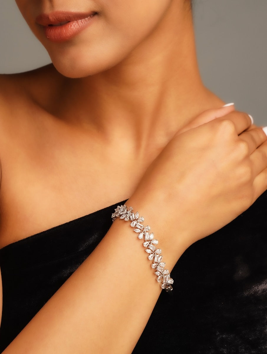 Elegant Silver Plated Cz Solitaire Hand Bracelet with sparkling stones worn on wrist