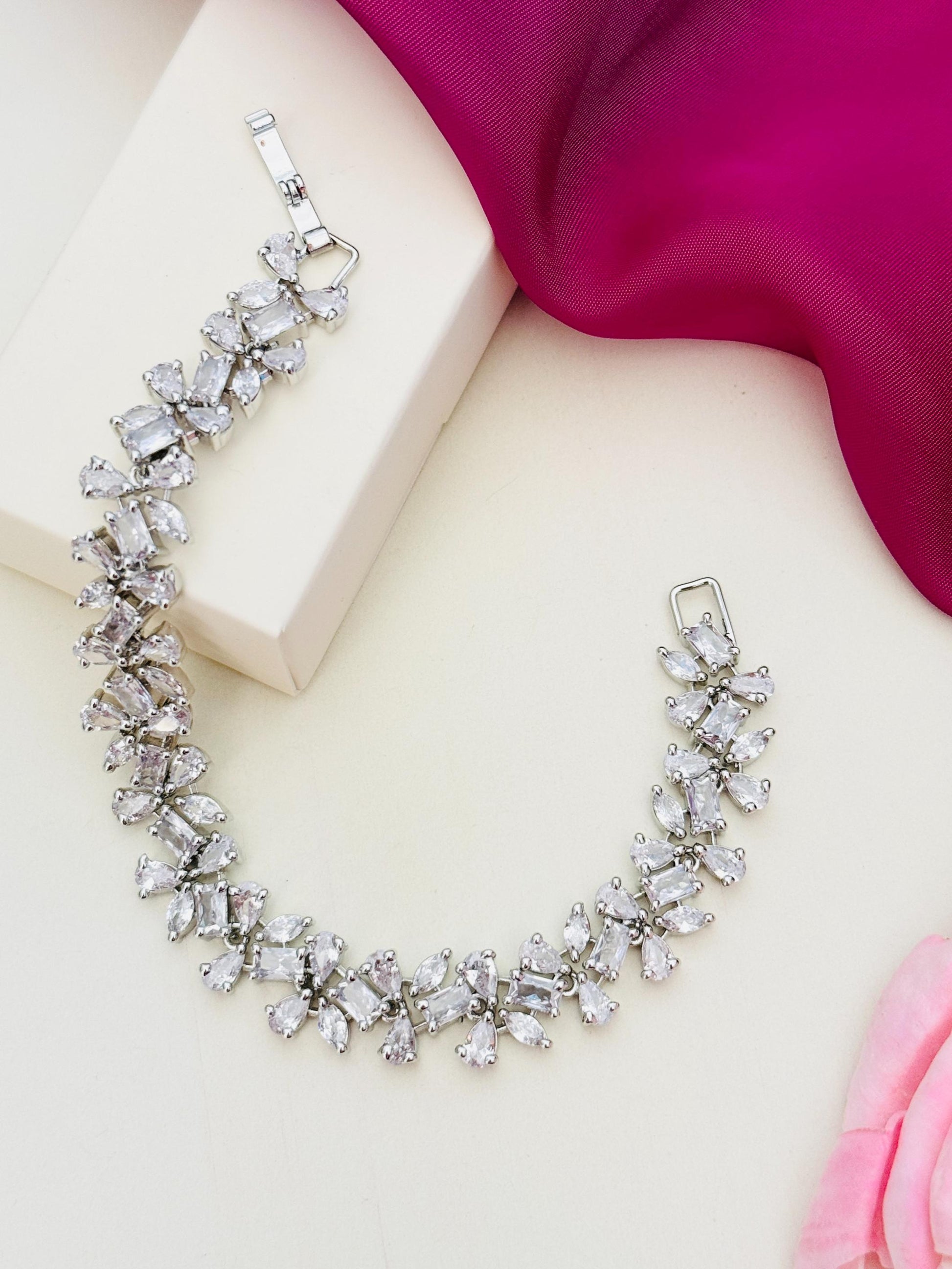 Silver Plated Cz Solitaire Hand Bracelet with sparkling clear stones from Abdesignsjewellery