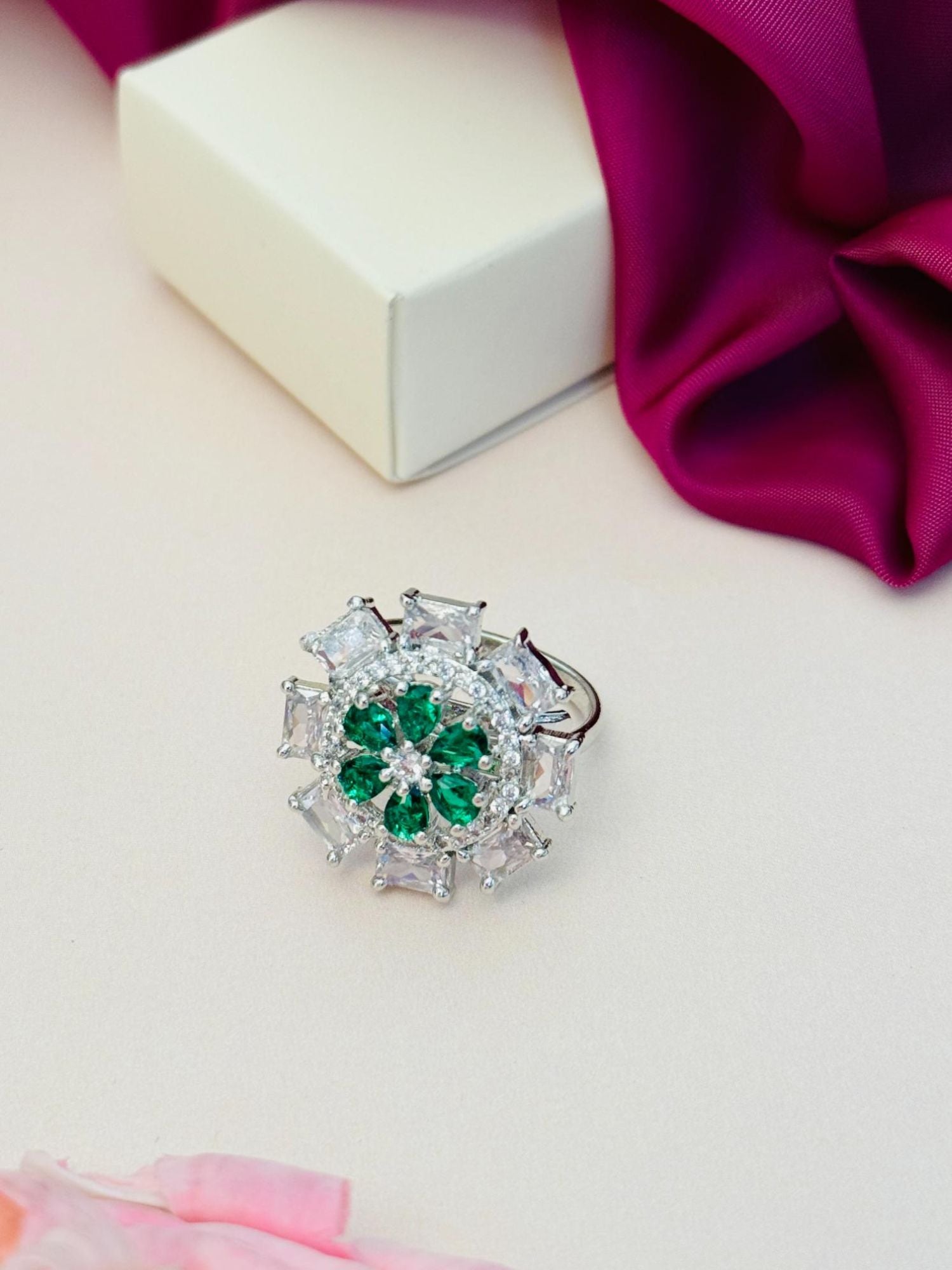 Silver Plated Design Ring with green and clear gemstones by Abdesignsjewellery
