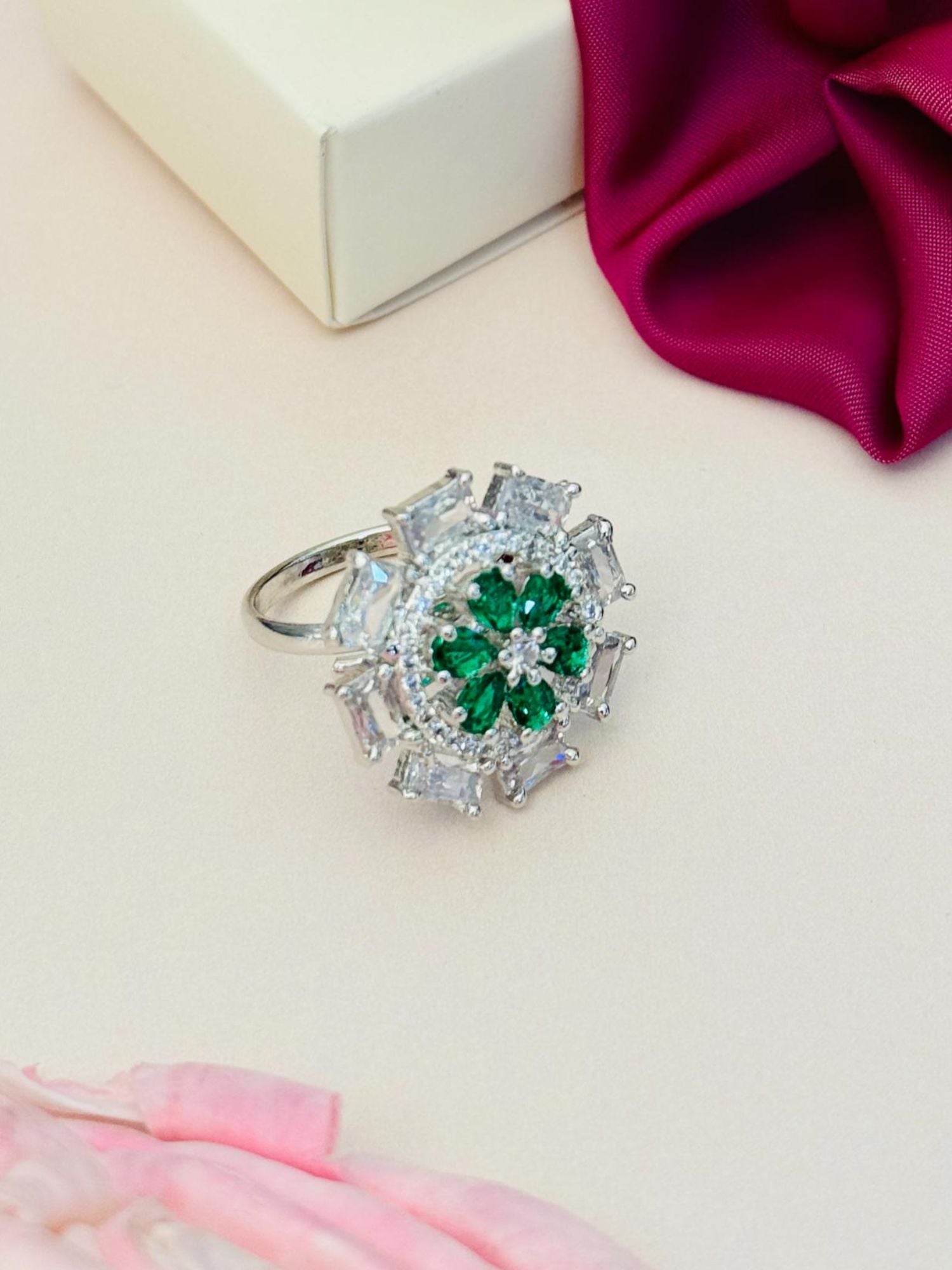 Silver Plated Elegant Design Ring with green and clear gemstones in floral pattern from Abdesignsjewellery