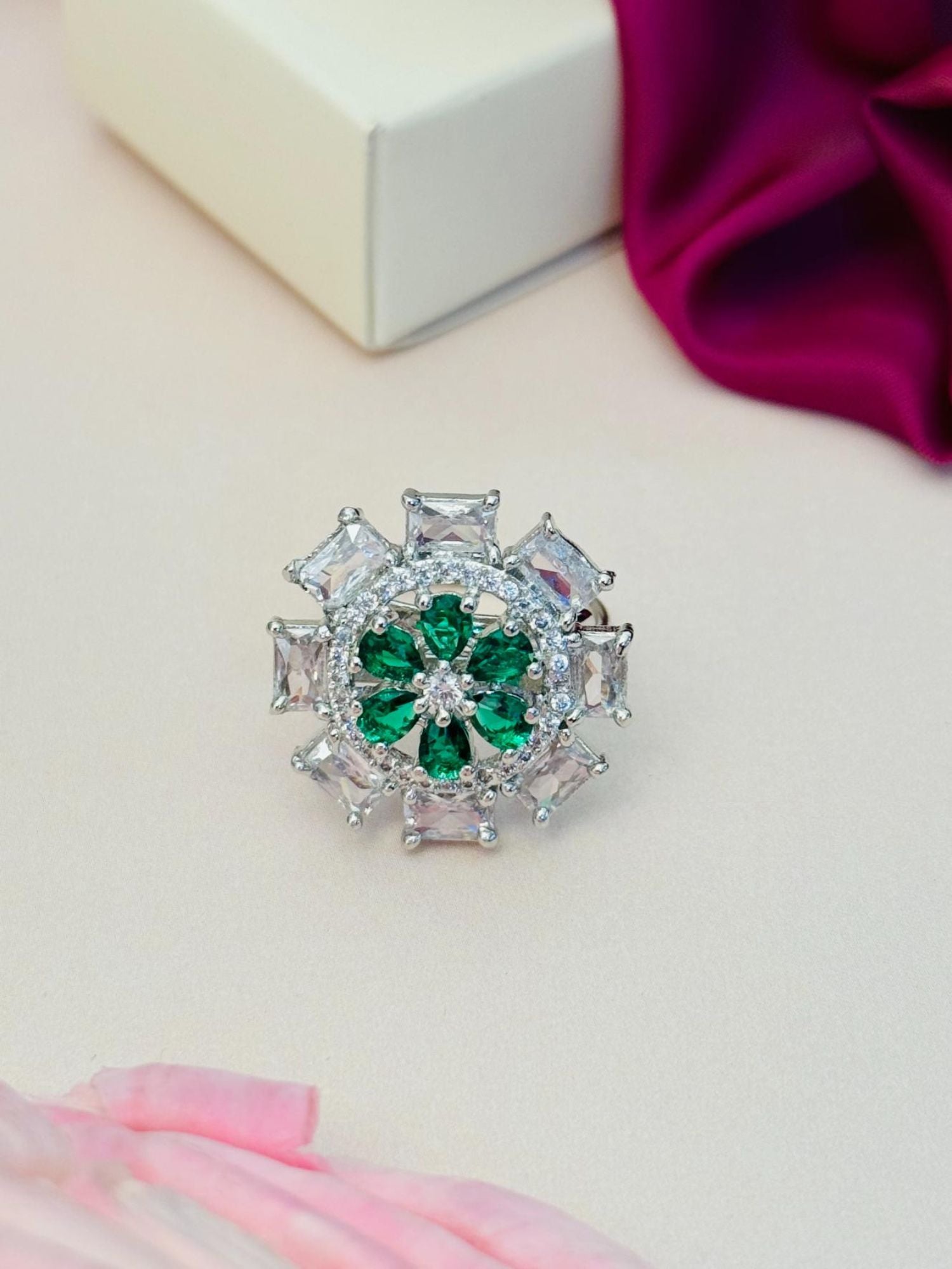 Silver Plated Elegant Design Ring with green and clear gemstones by Abdesignsjewellery