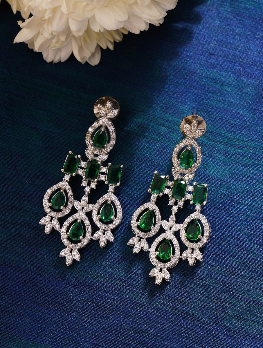 Silver Plated Emerald Stone American Diamond Necklace Set with intricate green and clear stones by Abdesignsjewellery