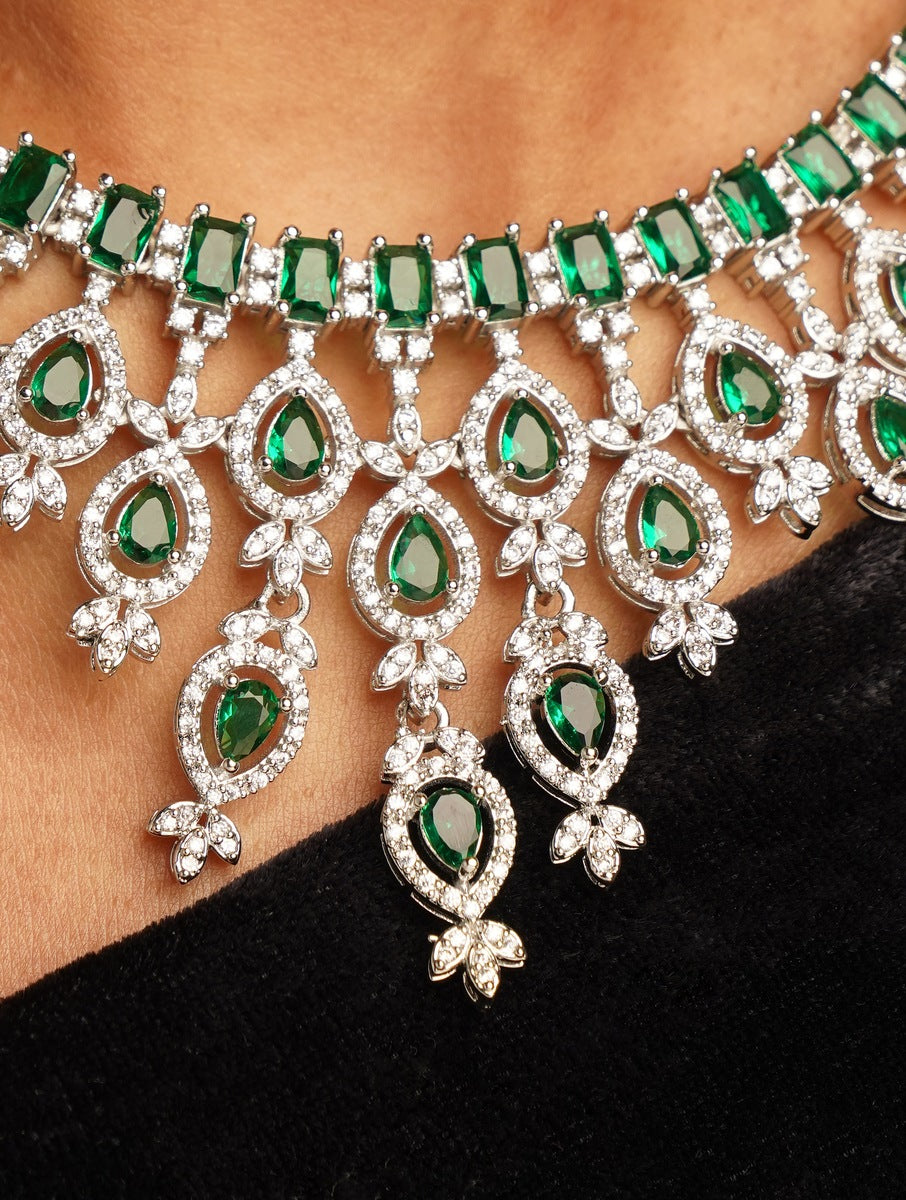 Silver Plated Emerald Stone American Diamond Necklace Set with intricate green and white stone design by Abdesignsjewellery