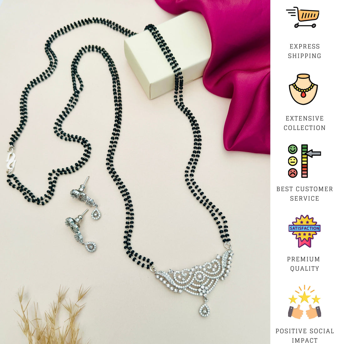 Silver Plated Long Peacock Mangalsutra Set with black beads and intricate silver peacock pendant paired with matching earrings