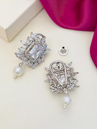 Thumbnail for Silver Plated Pearl Choker Diamond Necklace Set featuring square and round crystals with dangling pearl accents