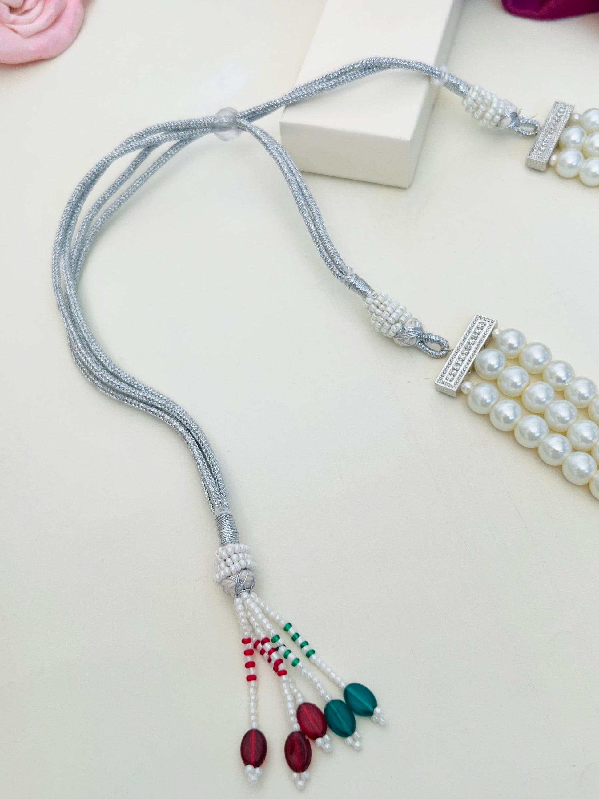 Silver Plated Pearl Choker Diamond Necklace Set with white pearls and multicolor bead tassels by Abdesignsjewellery