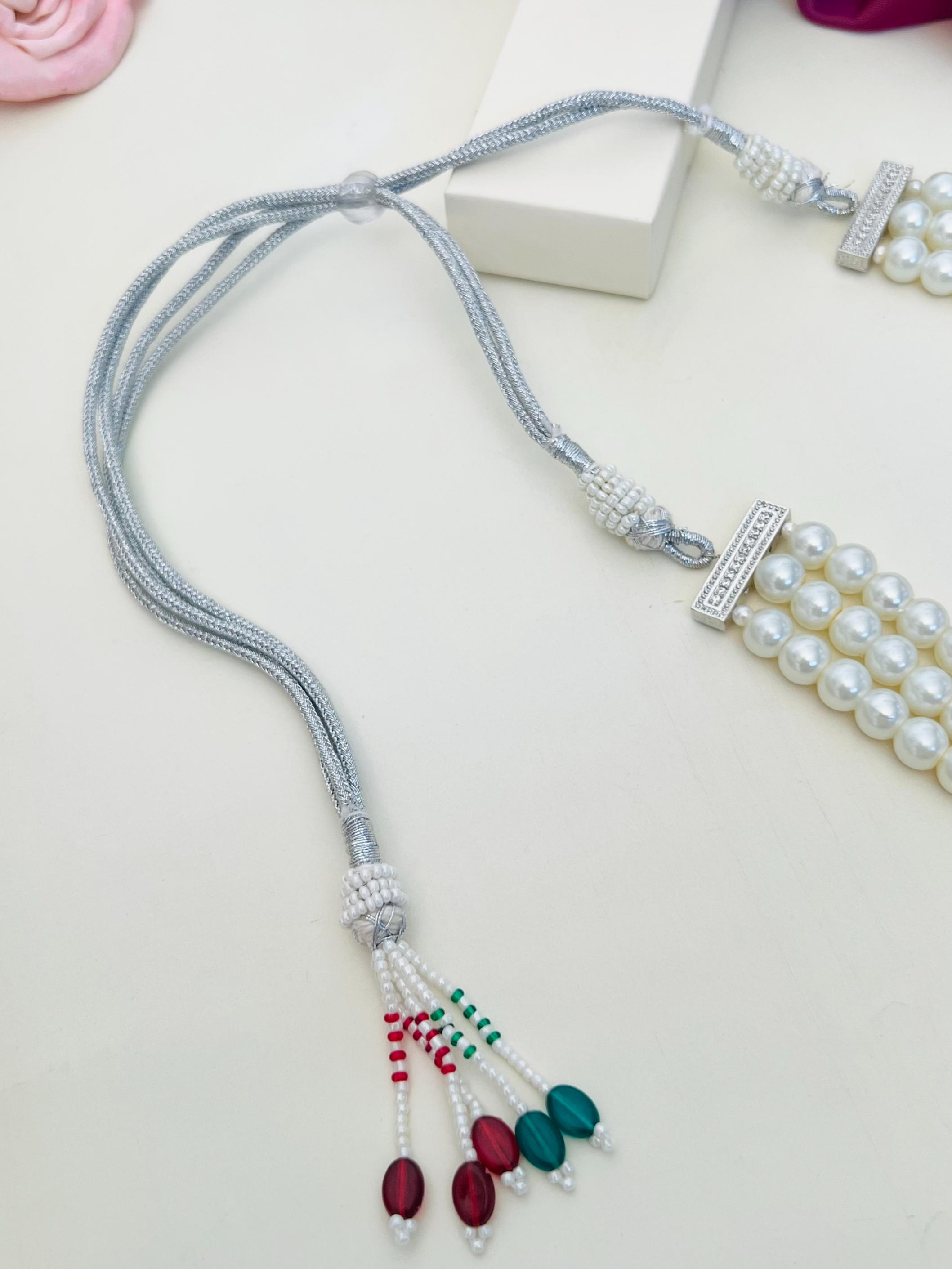 Silver Plated Pearl Choker Diamond Necklace Set with white pearls and multicolor bead tassels by Abdesignsjewellery