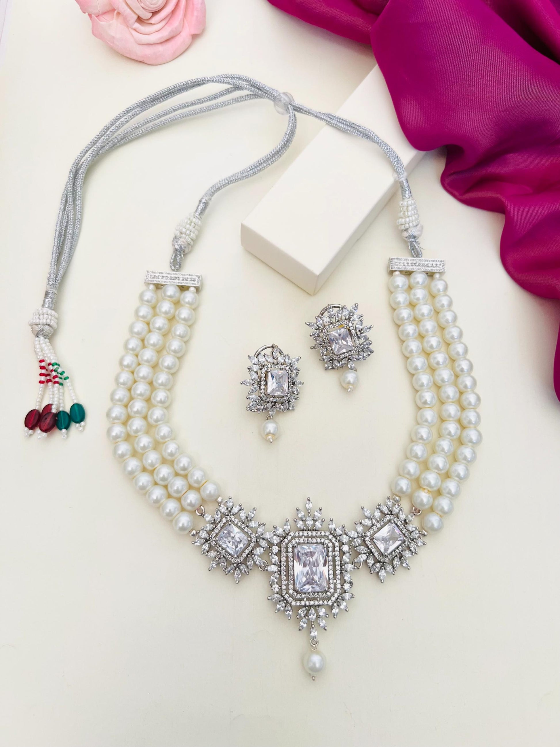 Silver Plated Pearl Choker Diamond Necklace Set with three-strand pearls and matching diamond earrings