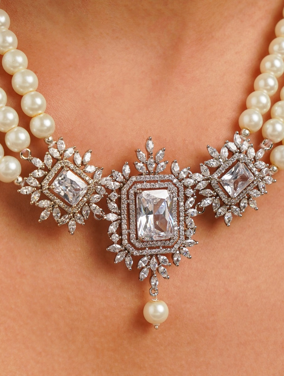 Silver Plated Pearl Choker Diamond Necklace Set with intricate diamond detailing and pearl strands by Abdesignsjewellery