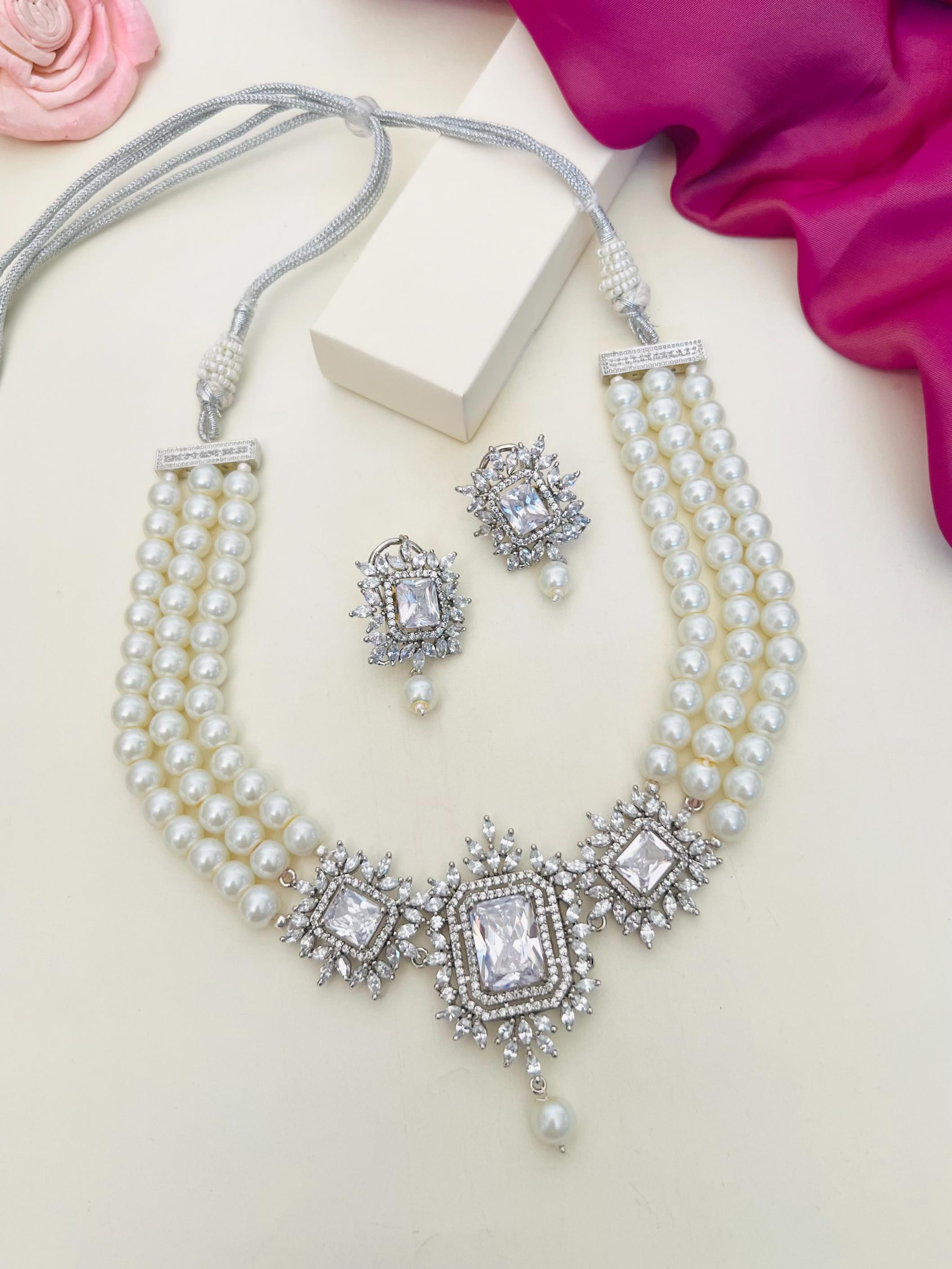 Silver Plated Pearl Choker Diamond Necklace Set with pearl strands and sparkling diamond accents
