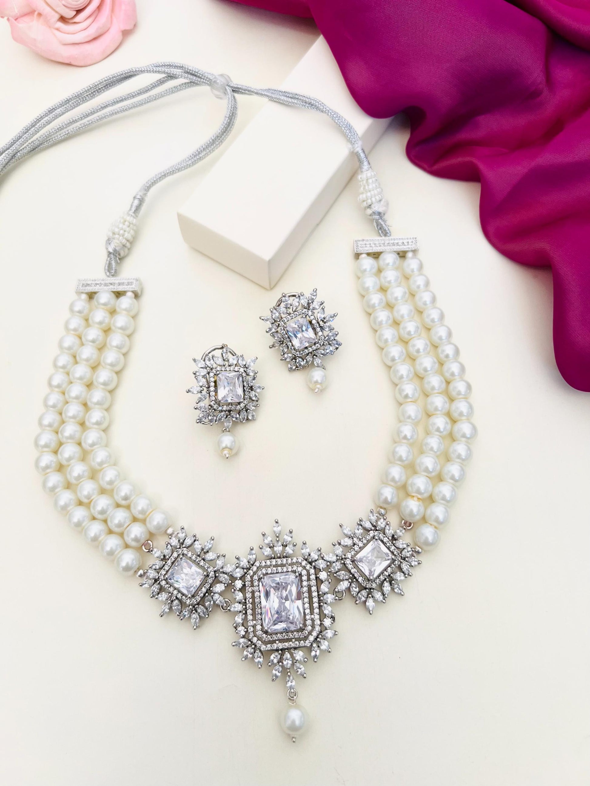 Silver Plated Pearl Choker Diamond Necklace Set with three strands of pearls and matching earrings
