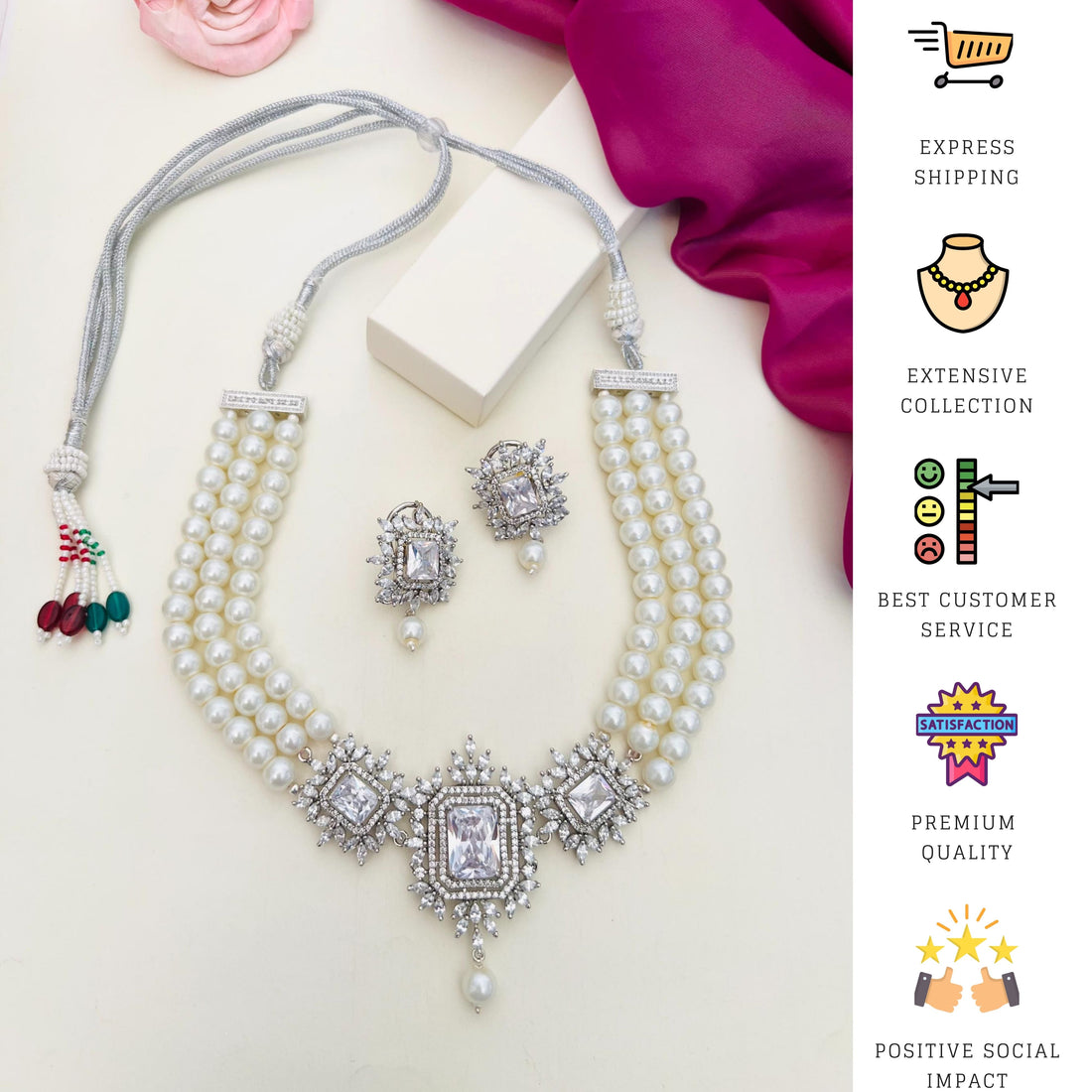 Silver Plated Pearl Choker Diamond Necklace Set with three strands of pearls and ornate diamond pendants from Abdesignsjewellery