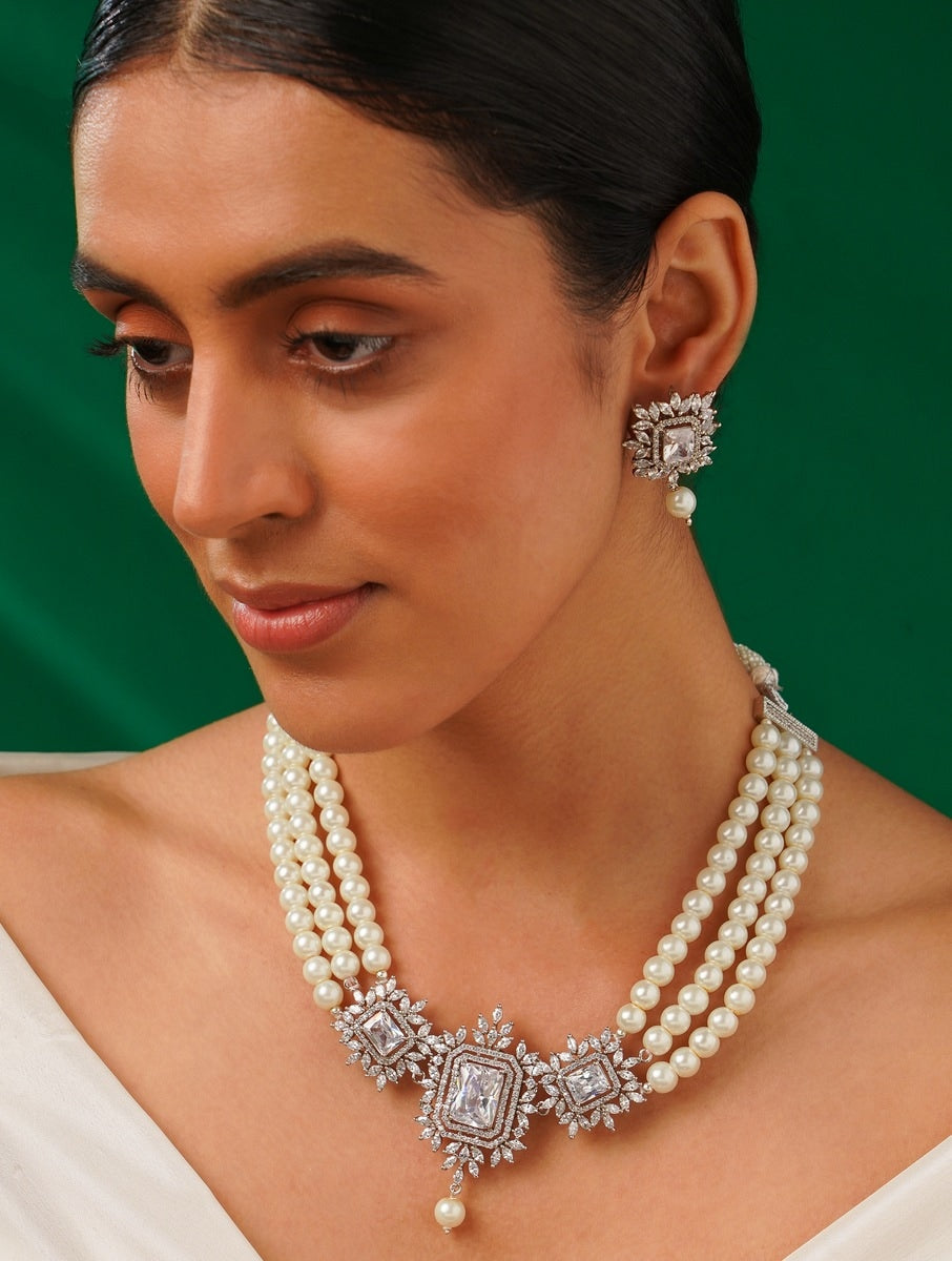 Silver Plated Pearl Choker Diamond Necklace Set with three strands of pearls and ornate diamond pendants from Abdesignsjewellery