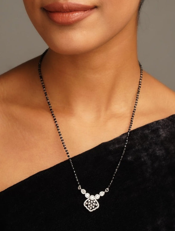 Solitaire American Diamond Mangalsutra Set from Abdesignsjewellery worn by woman with black outfit