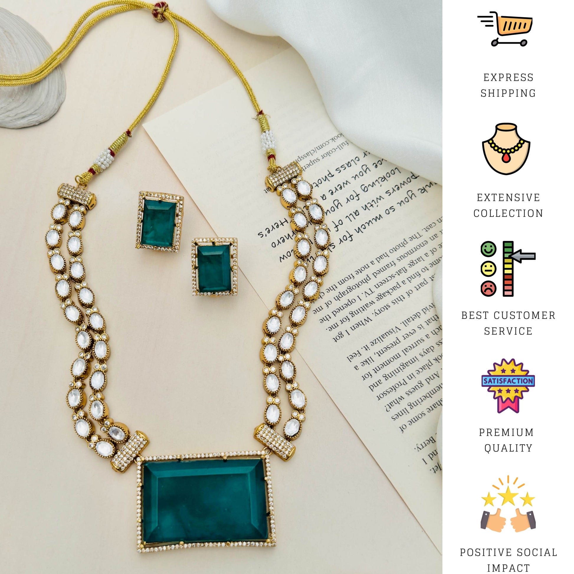 Sophisticated Gold Plated Polki Bridal Necklace with large emerald green stones and matching earrings