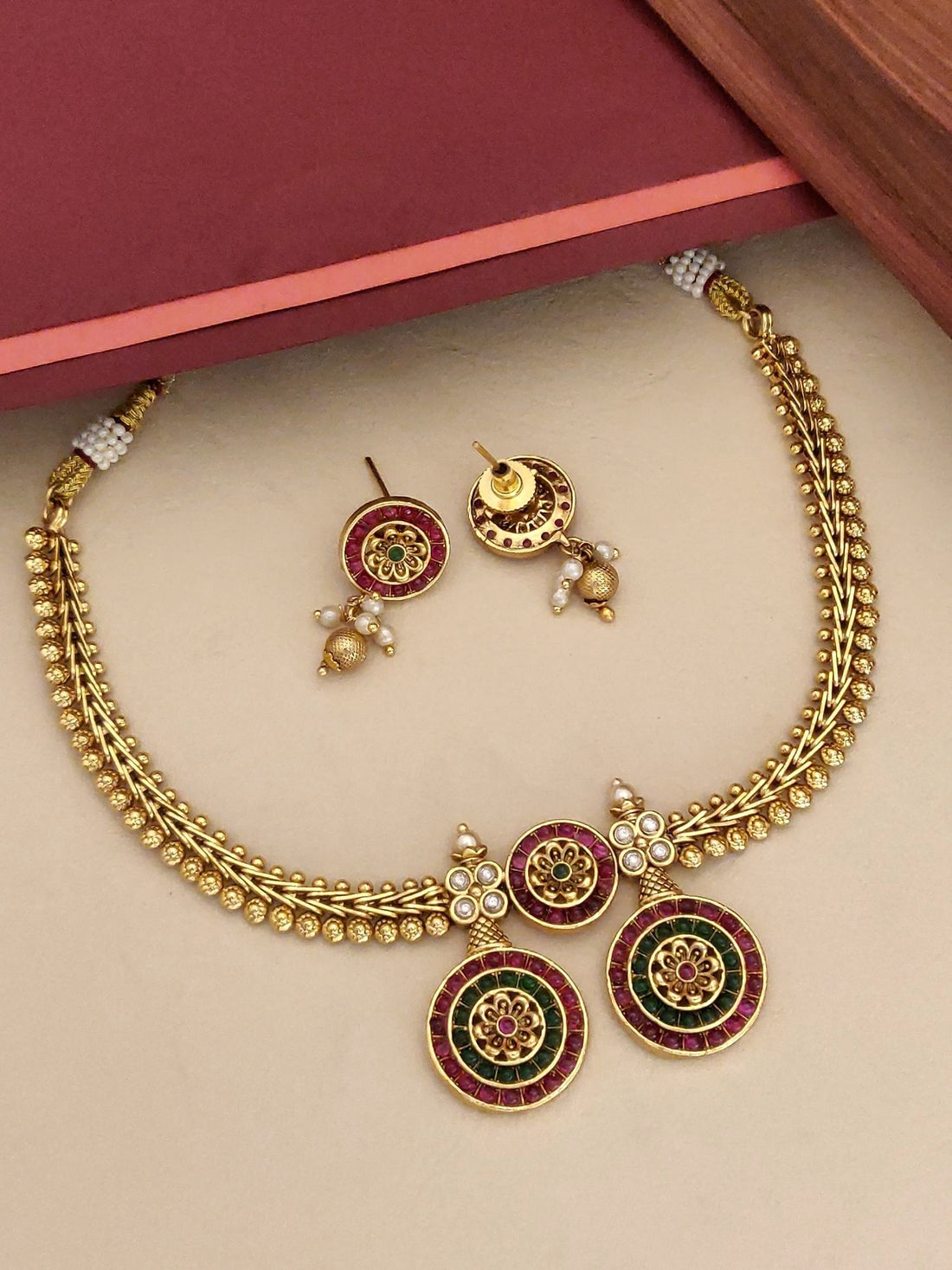 South Indian Antique Jewelry Necklace Set with gold finish and matching earrings by Abdesignsjewellery