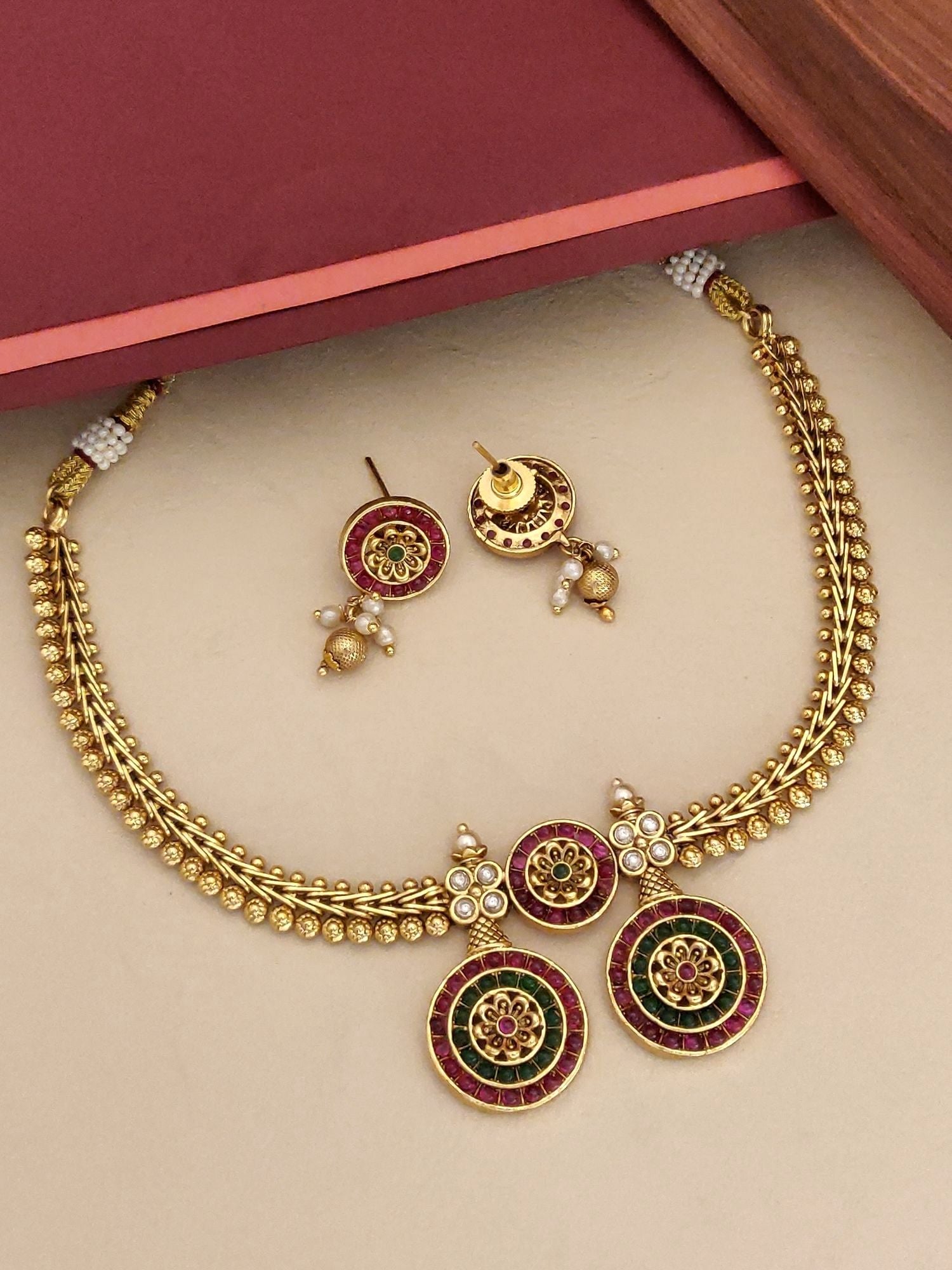 South Indian Antique Jewelry Necklace Set with gold finish and matching earrings by Abdesignsjewellery