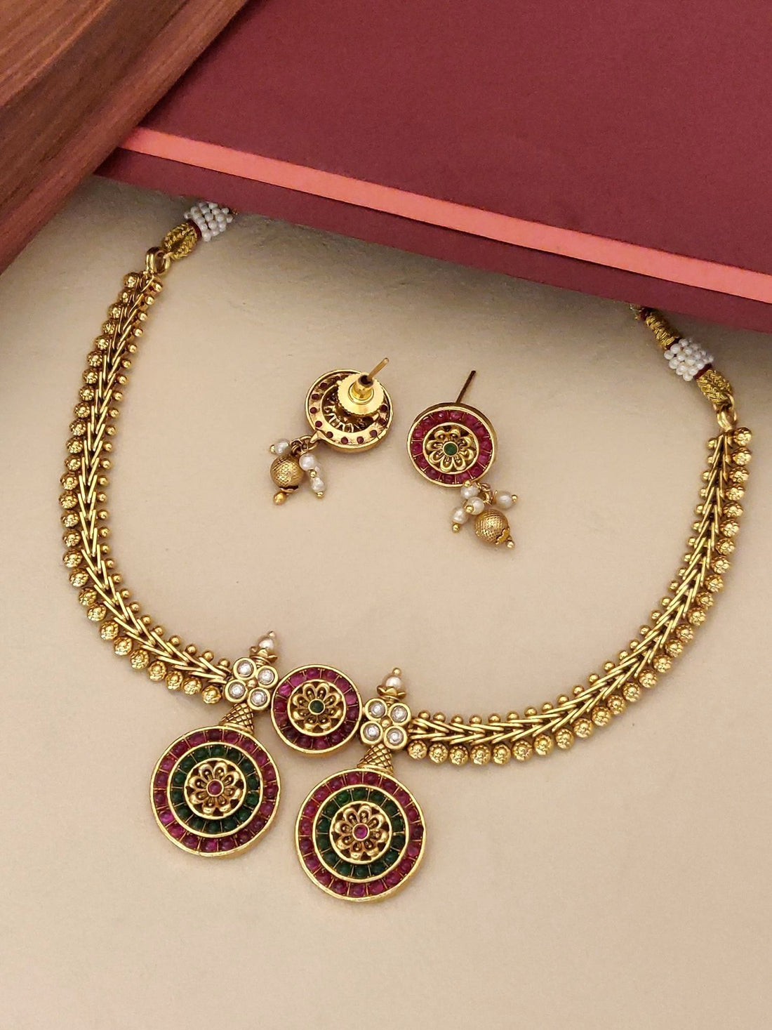 South Indian Antique Jewelry Necklace Set with gold finish and matching earrings by Abdesignsjewellery