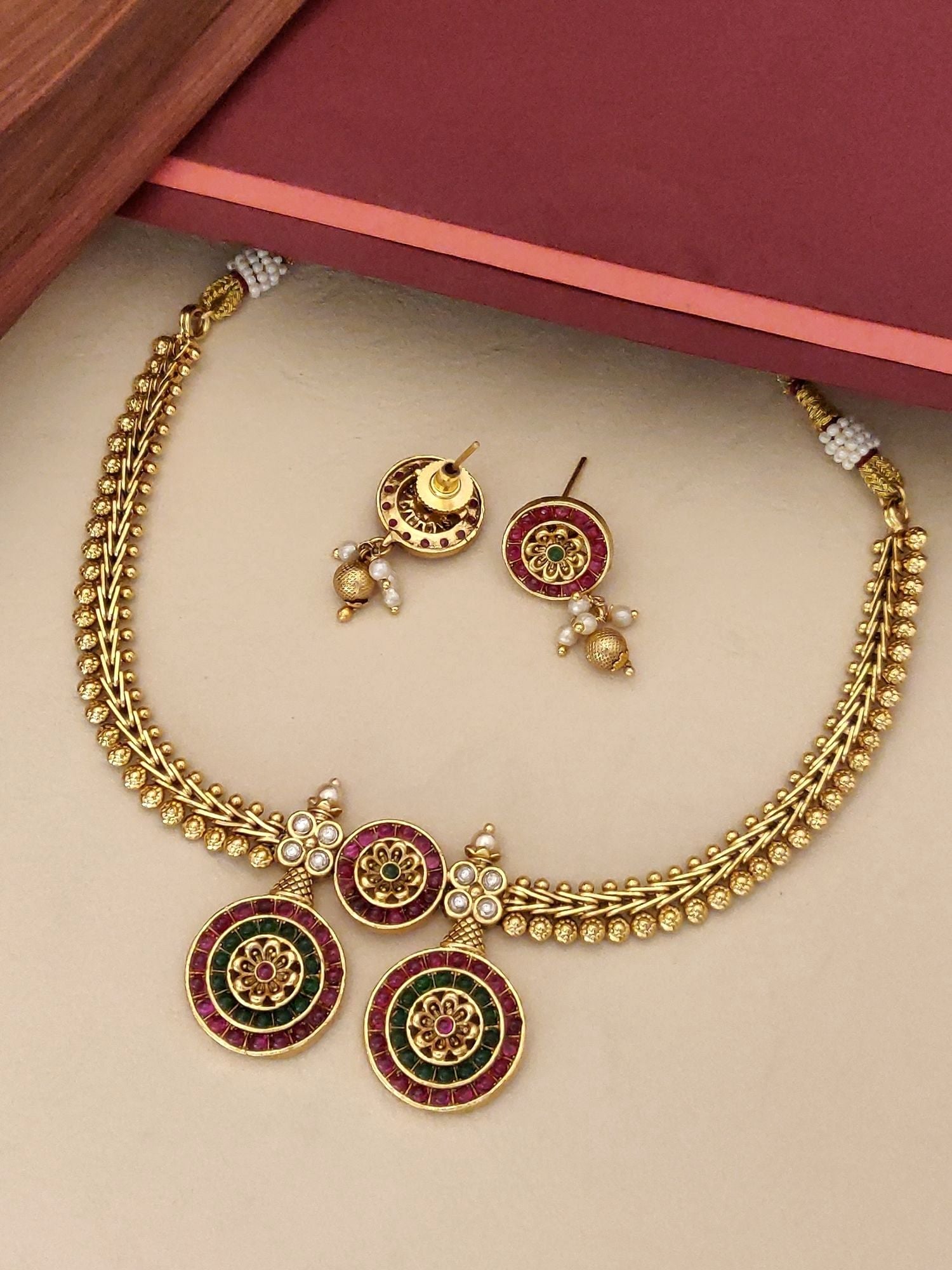 South Indian Antique Jewelry Necklace Set with intricate gold design and matching earrings by Abdesignsjewellery