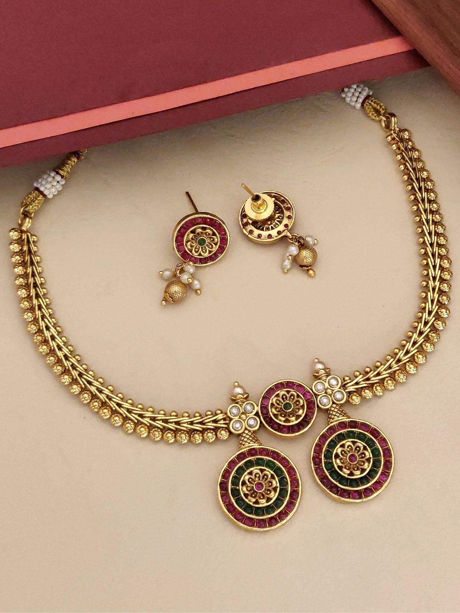 Abdesignsjewellery South Indian Antique Jewelry Necklace Set with gold finish and intricate multicolor detailing