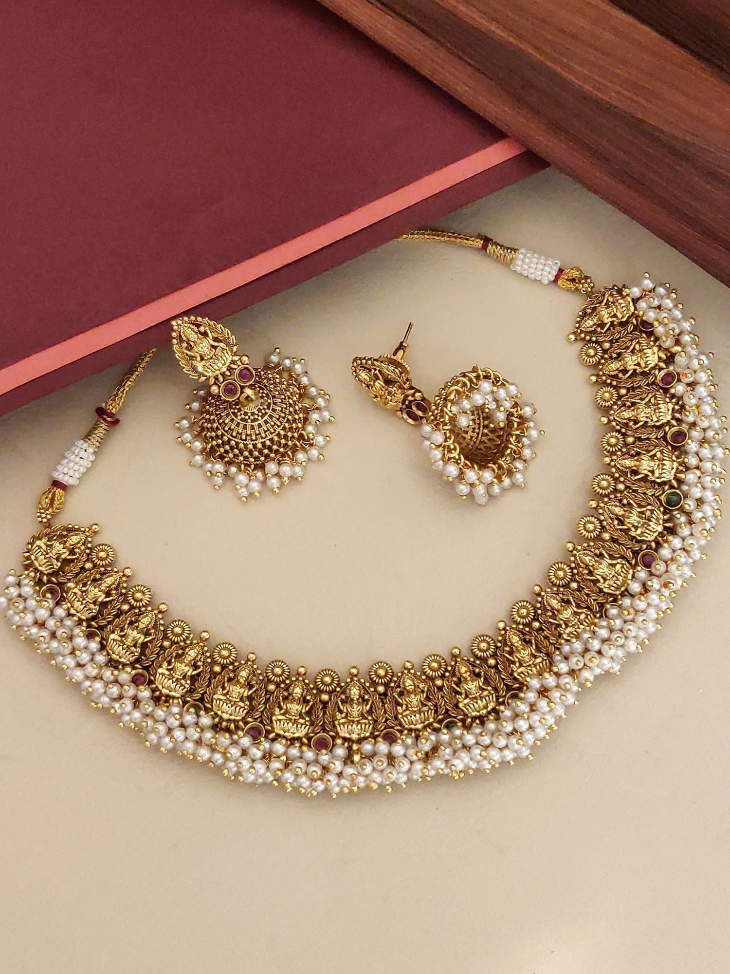 Abdesignsjewellery South Indian antique temple necklace with intricate designs and pearls, paired with matching earrings