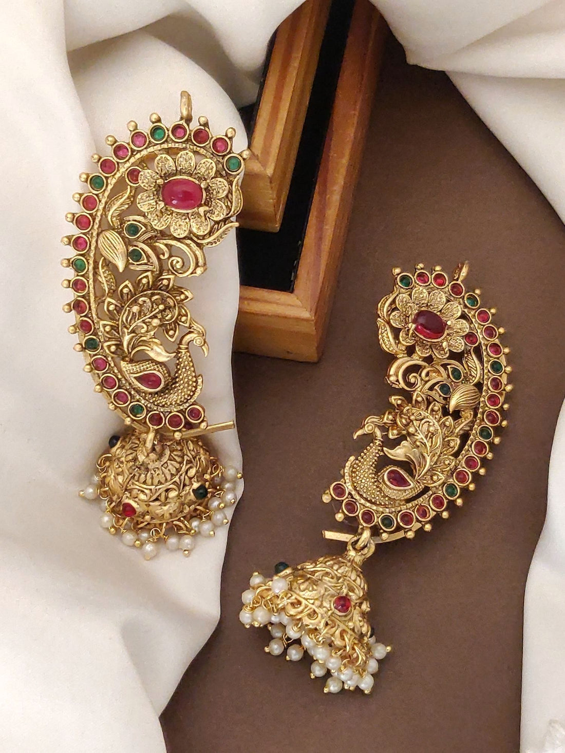Beautiful South Indian gold plated ear cuffs with intricate designs and colorful gemstones