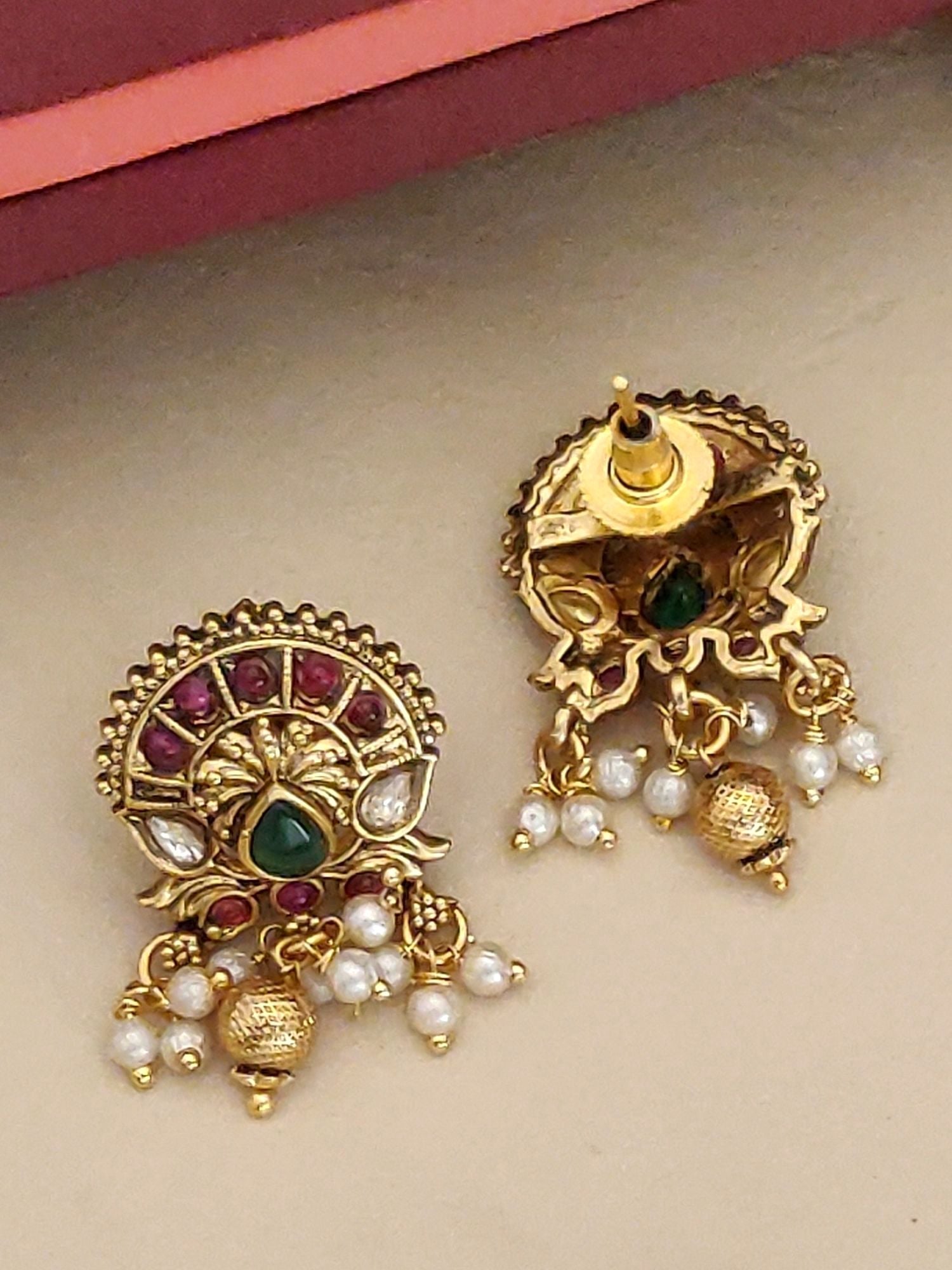 Abdesignsjewellery South Indian Peacock Necklace Set gold tone with green and red stones and pearl accents