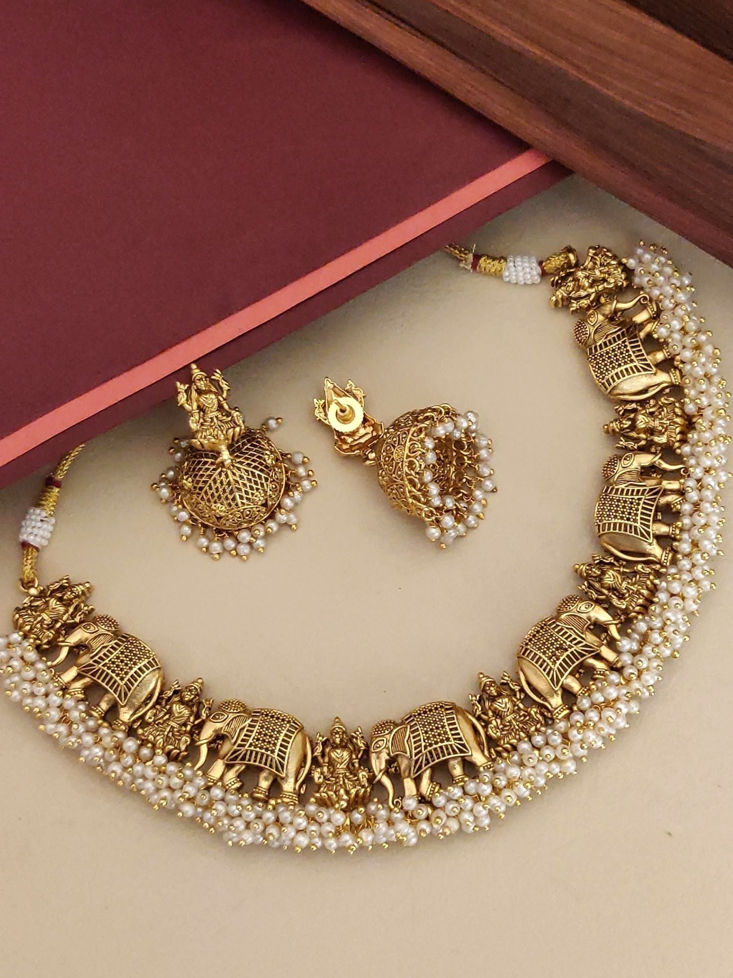 Southindian Temple Antique Elephant Necklace with Gold Finish and Pearl Accents for Traditional Wear