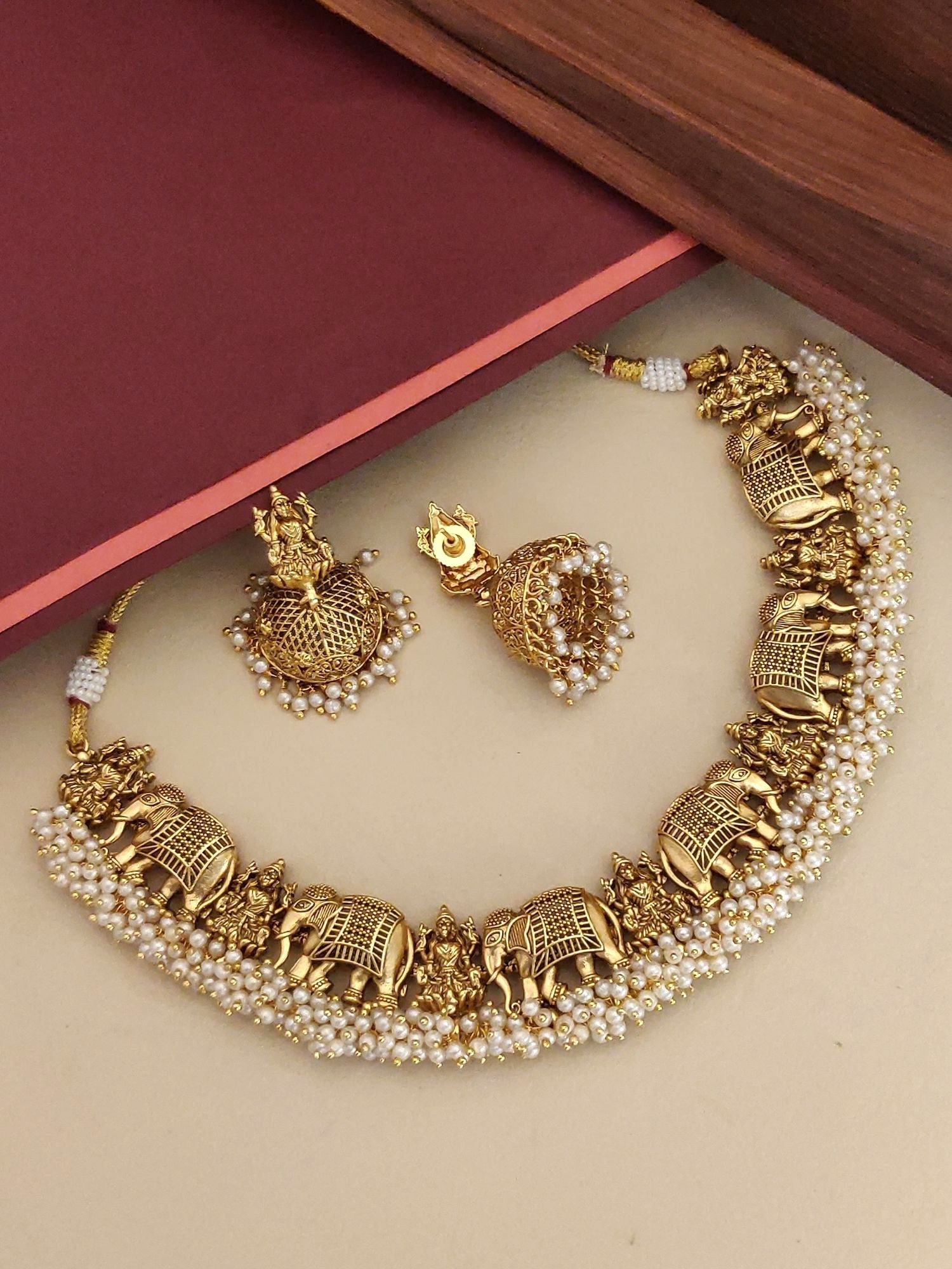 Southindian Temple Antique Elephant Necklace with Pearl Details and Matching Earrings