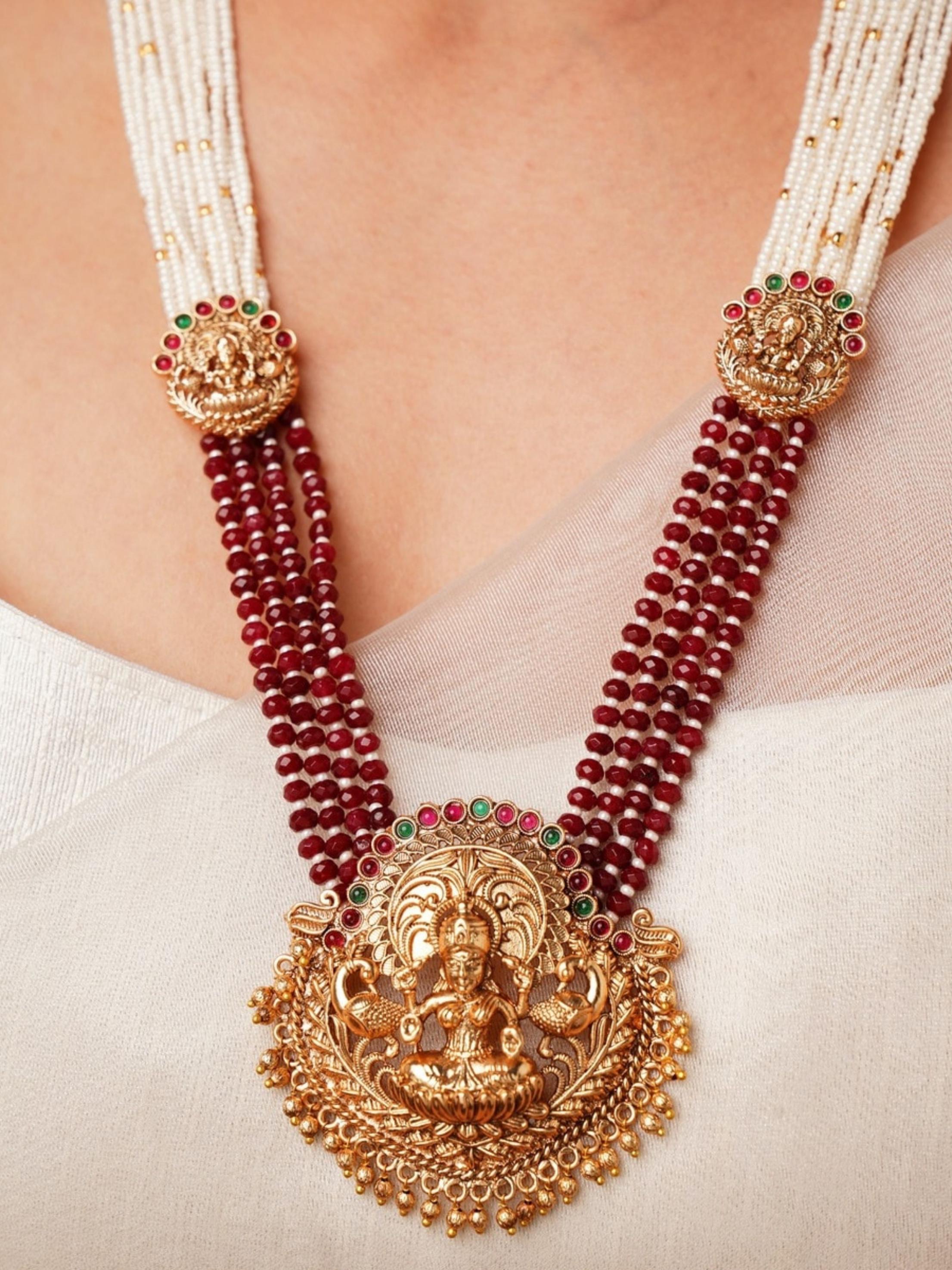 Southindian Temple Ruby Beaded Necklace Set by Abdesignsjewellery with gold temple pendant and multi-strand ruby beads