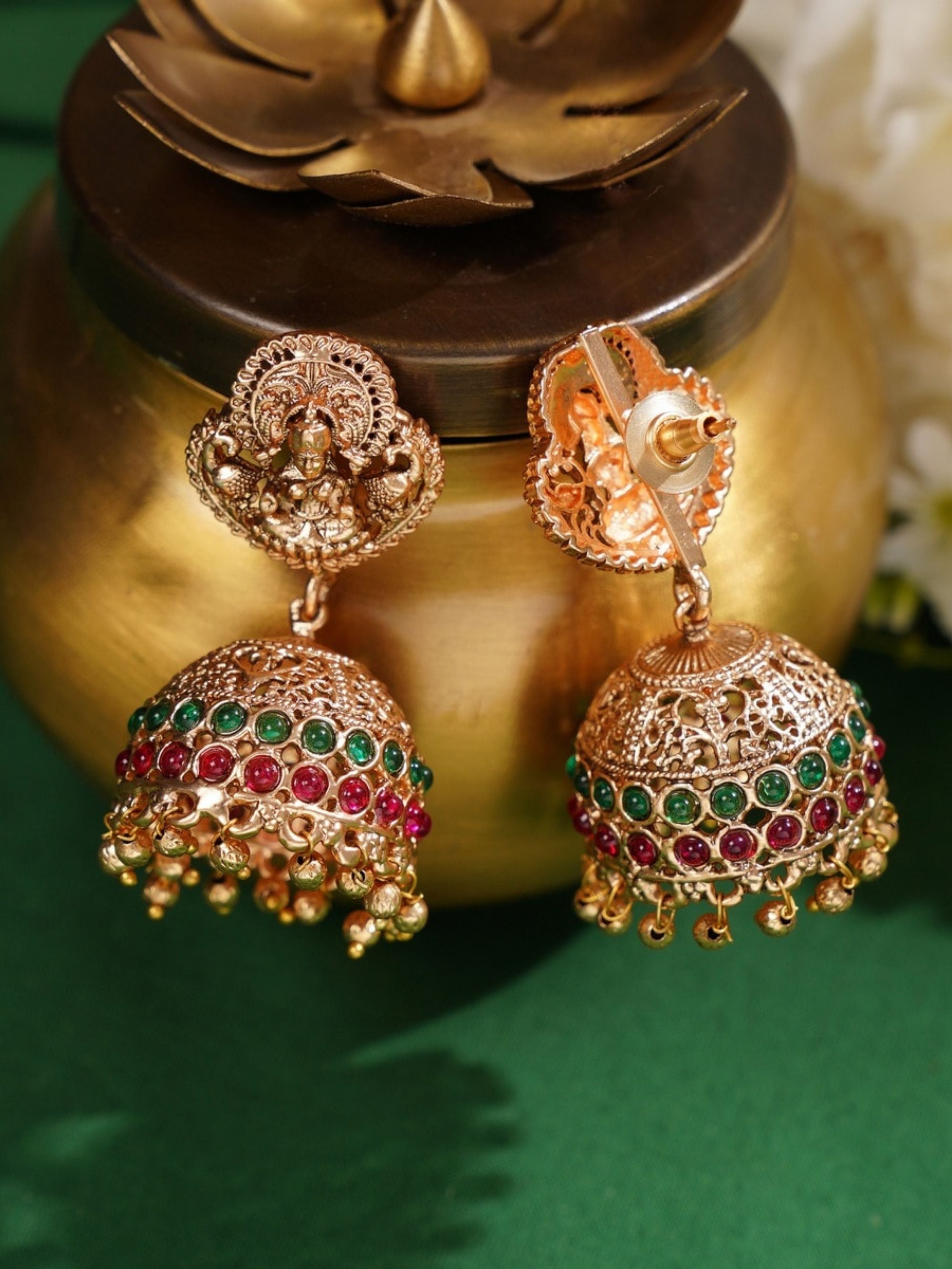 Abdesignsjewellery Southindian Temple Ruby Beaded Necklace Set featuring intricate gold earrings with green and ruby beads