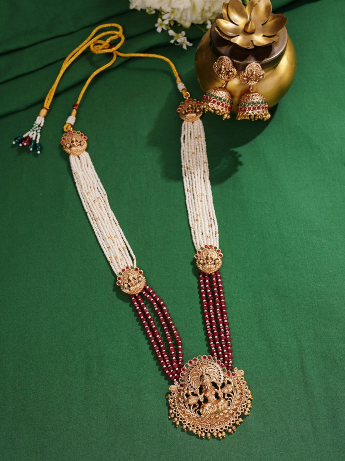 Southindian Temple Ruby Beaded Necklace Set by Abdesignsjewellery worn by woman with traditional earrings