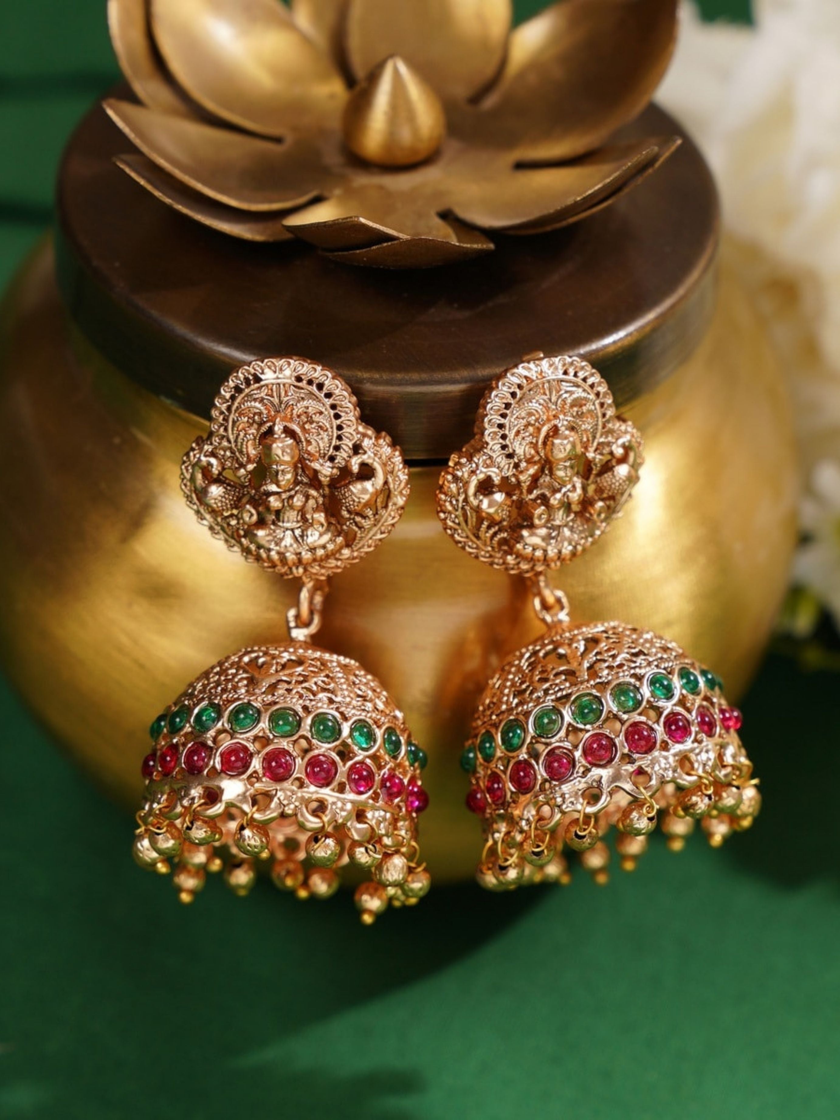 Southindian Temple Ruby Beaded Necklace Set showcasing intricate gold earrings with green and ruby beads