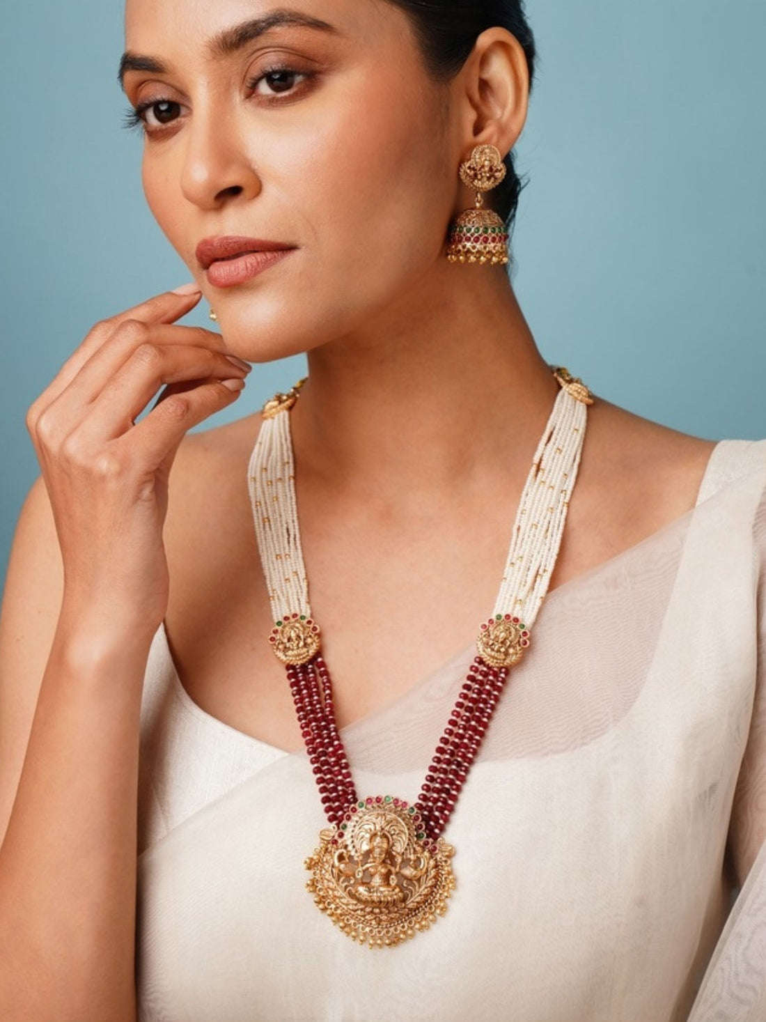 Southindian Temple Ruby Beaded Necklace Set by Abdesignsjewellery worn by woman with traditional earrings