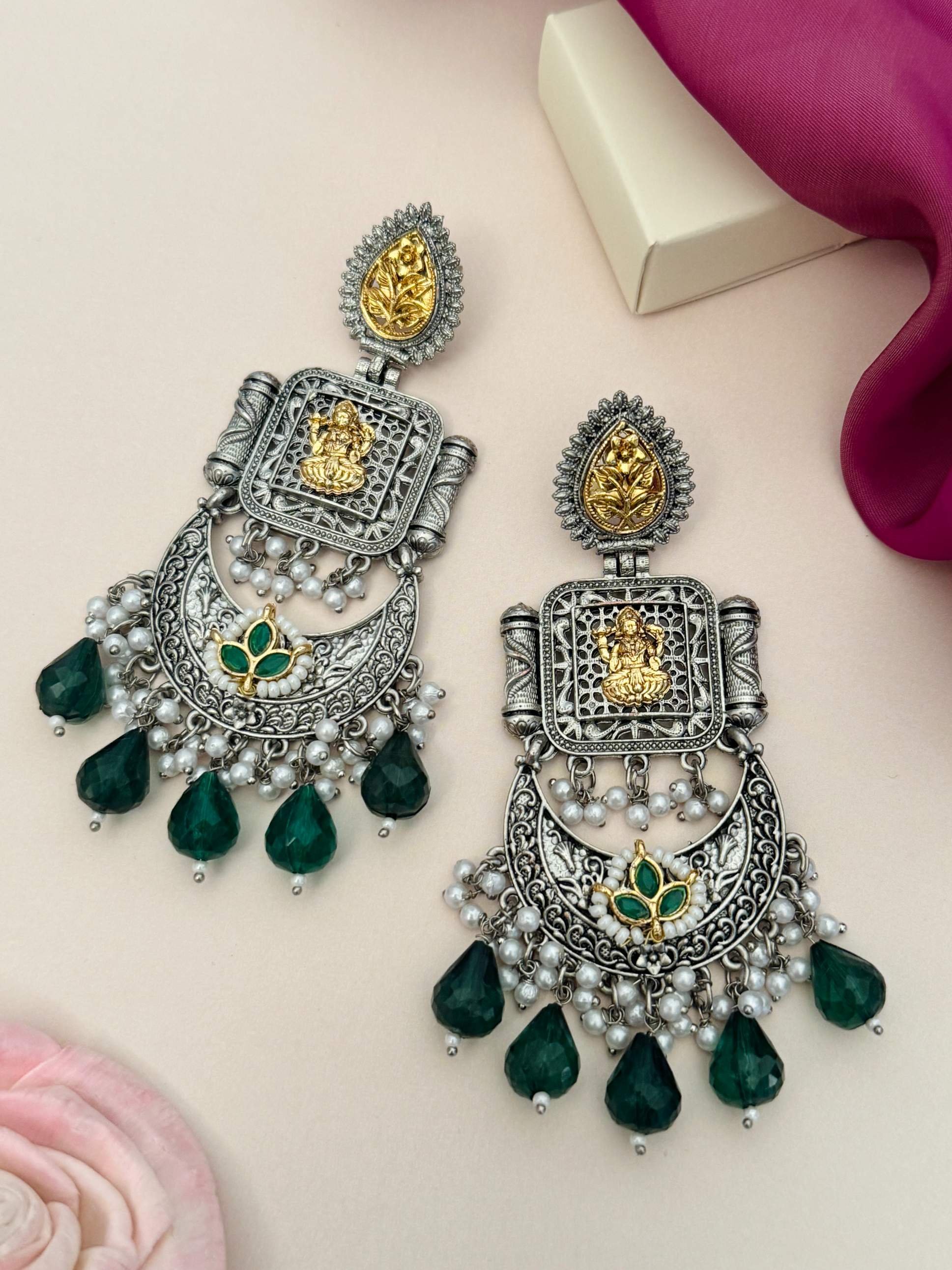 Temple South Indian German Silver Chandbali Earrings with green gemstones and intricate pearl detailing