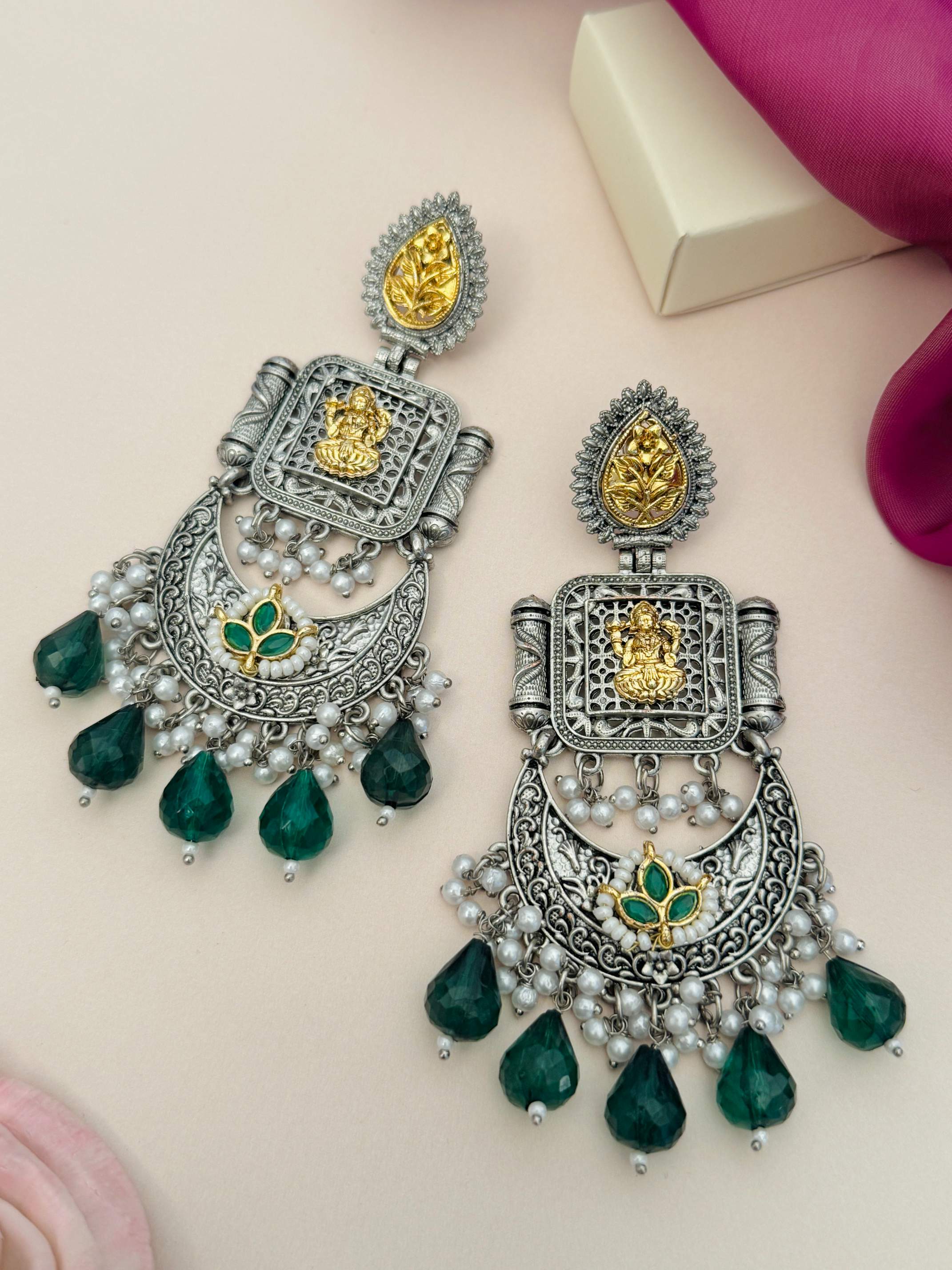 Temple South Indian German Silver Chandbali Earrings with green beads and intricate gold detailing